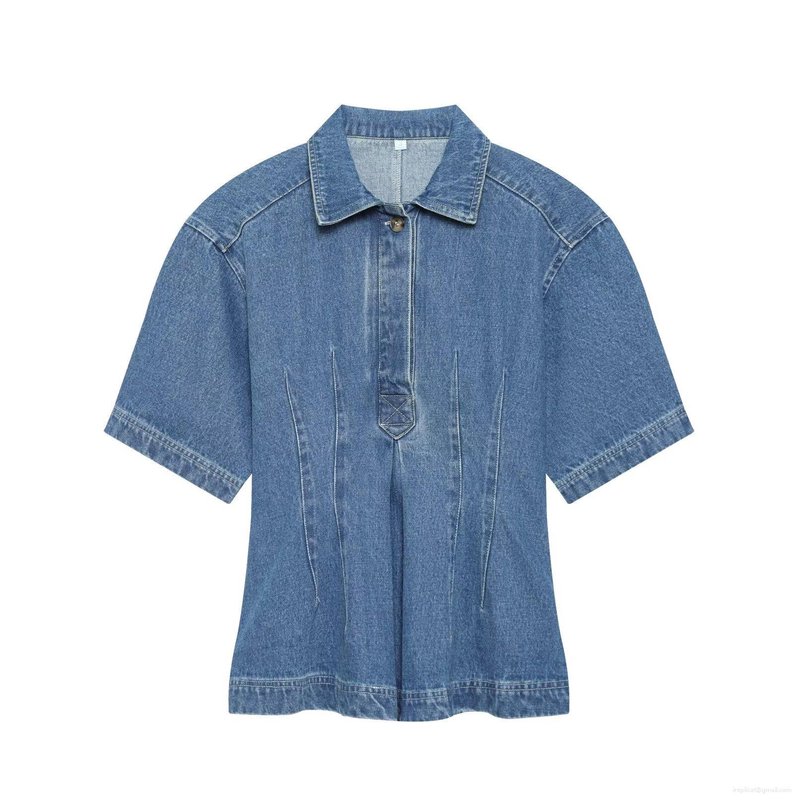 Summer Short Sleeve Denim Shirt Women Casual Solid Color Slim Fit Polo Neck Button Pullover Blouse Streetwear Fashion Tops