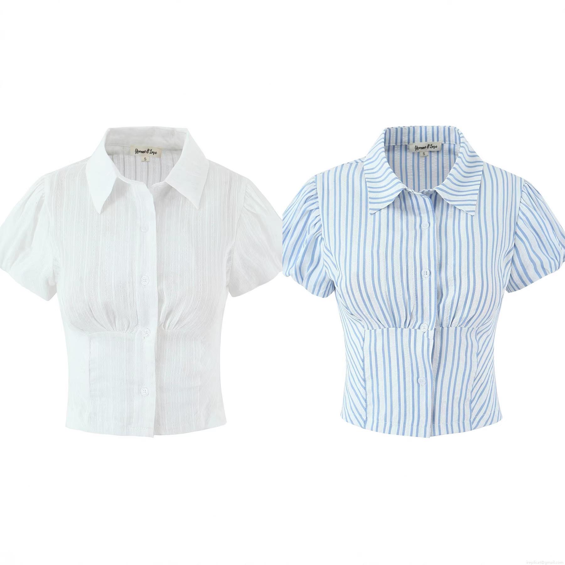 Women's Slim Fit Puff Sleeve Shirt Polyester Cotton Blend Jacquard Polo Collar Single Breasted Short Sleeve Blouse For Summer Streetwear Fashion Casual Top