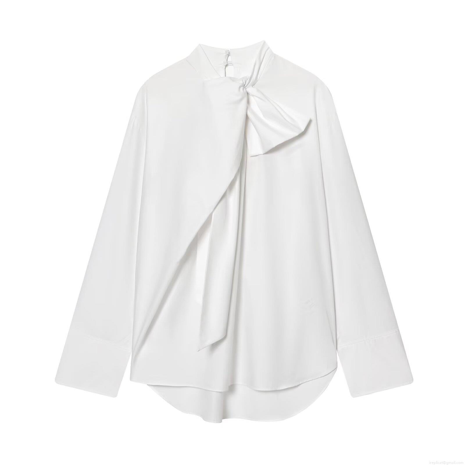 Women's Fashion White Poplin Blouse Featuring Oversized Bow Tie Design Stand Collar Loose Fit Long Sleeve Casual Streetwear Pullover Shirt Top