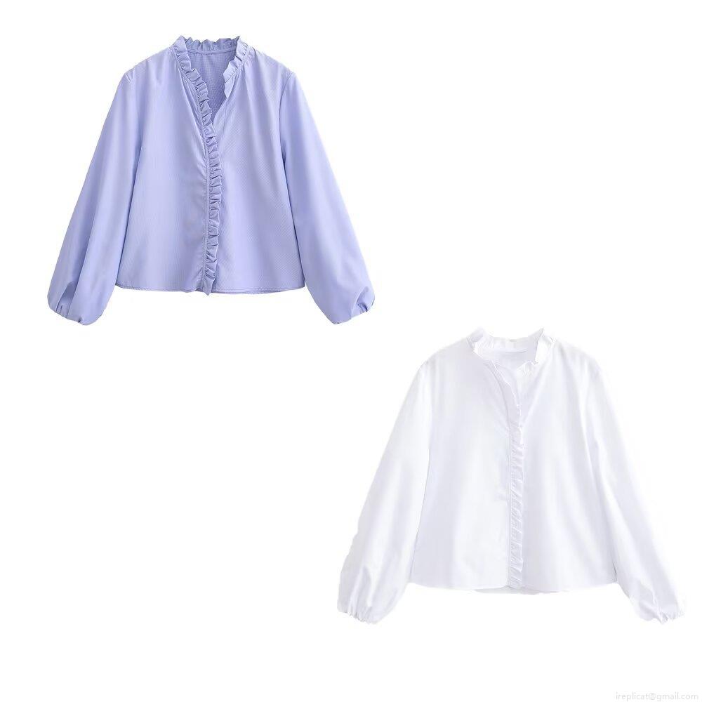 Women's Ruffle Stand Collar Blouse Elegant Lantern Sleeve Shirt Lavender White Long Sleeve Tops Vintage Streetwear Single Breasted Polyester Shirts