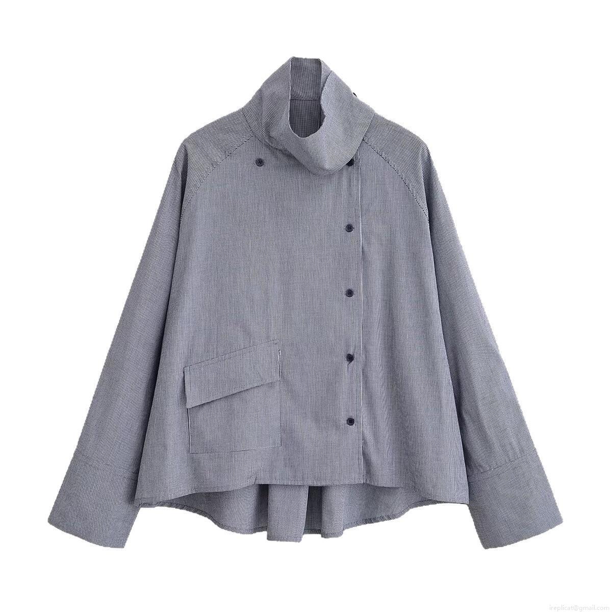 Fashion Women's High Neck Grid Shirt Casual Long Sleeve Blouse With Side Buttons Large Pocket And Asymmetric Hem Loose Fit Polyester Top For Streetwear