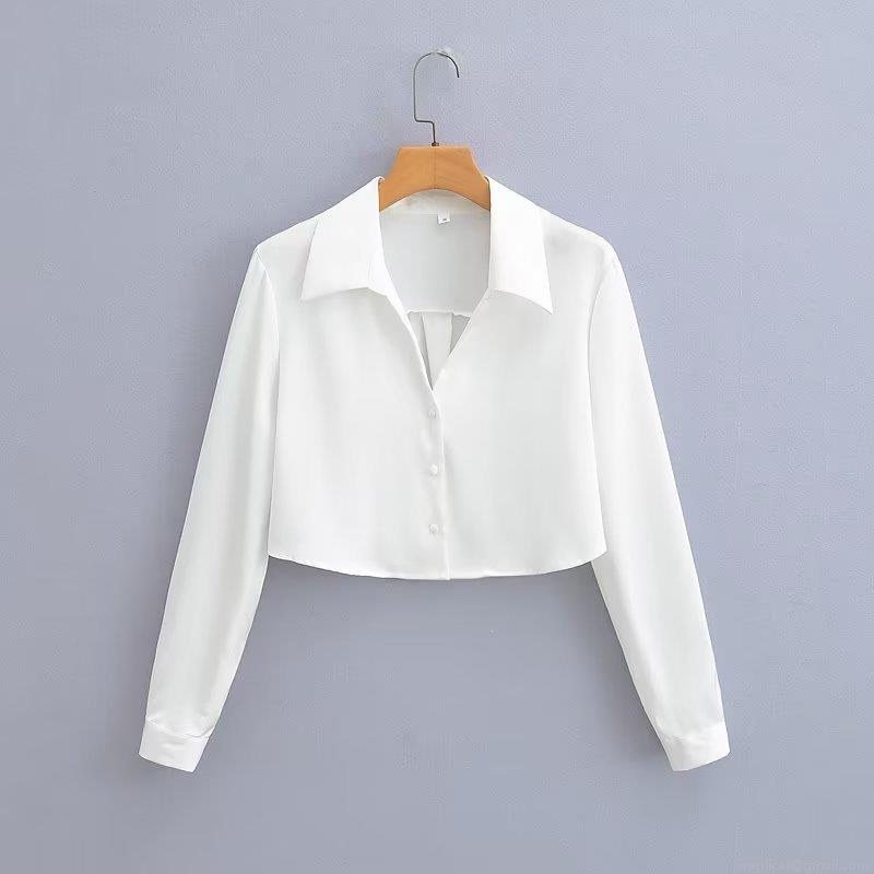 Women Satin Cropped Shirt Long Sleeve Turn-Down Collar Single-Breasted Solid Color Elegant Slim Fit Blouse Top For Daily Party Streetwear
