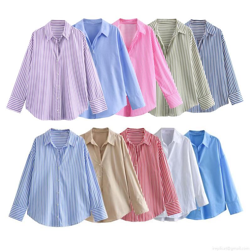 Women's Loose Poplin Striped Long Sleeve Shirt Button Down Lapel Oversized Blouse Streetwear Casual Office Top White Blue Red Khaki