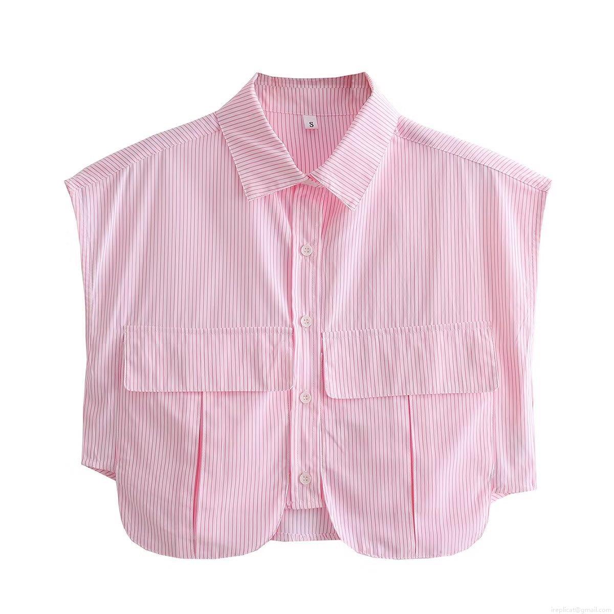 Women Sleeveless Striped Shirt 100% Polyester Woven Blouse With Double Chest Pockets Button Down Curved Hem Short Crop Top For Summer Casual Streetwear