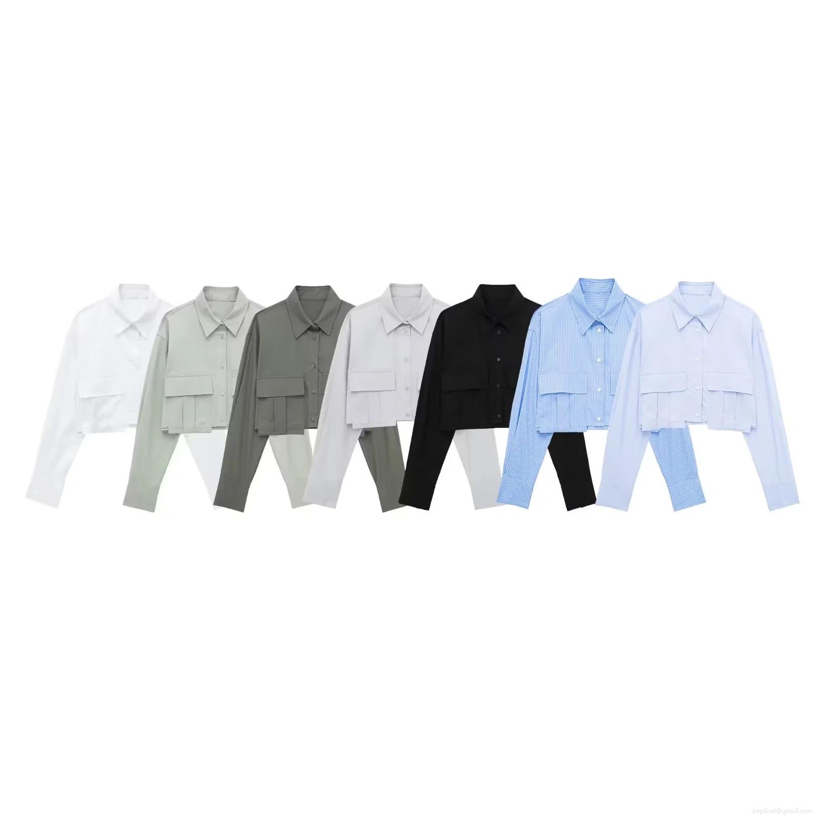 Women's Cropped Long Sleeve Shirt Casual Polyester Blend Button Down Lapel Blouse With Double Pockets Streetwear Solid Color Cargo Top