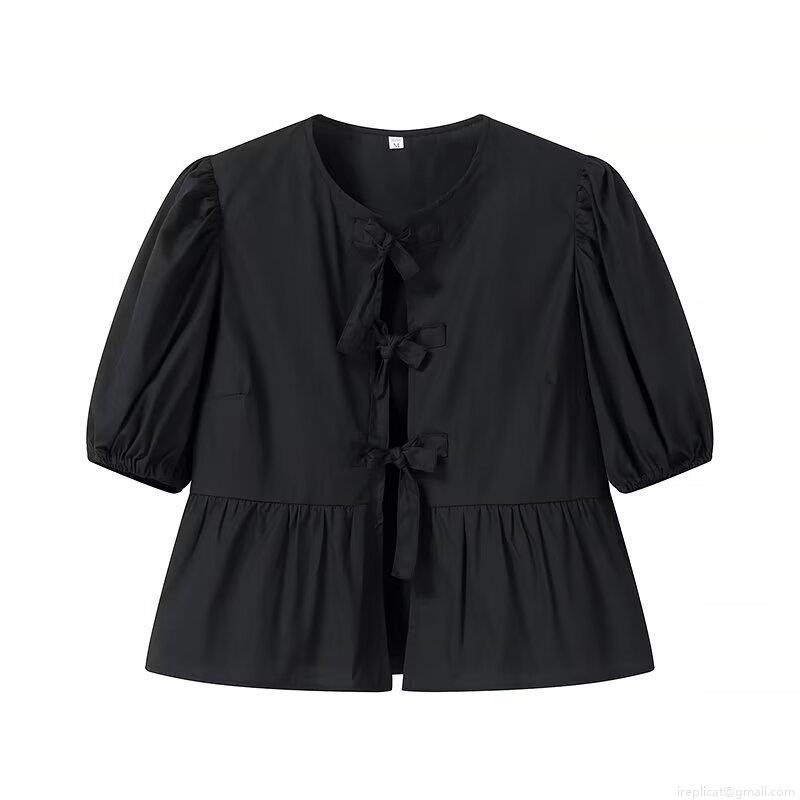 Women Puff Short Sleeve Blouse Bow Tie Front Ruffle Hem Solid Color Streetwear Summer Slim Fit Polyester Top