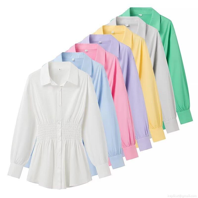 Women's Fashion Smocked Waist Long Sleeve Blouse Lapel Single Breasted Solid Color Polyester Cotton Spandex Shirt For Casual Daily Streetwear