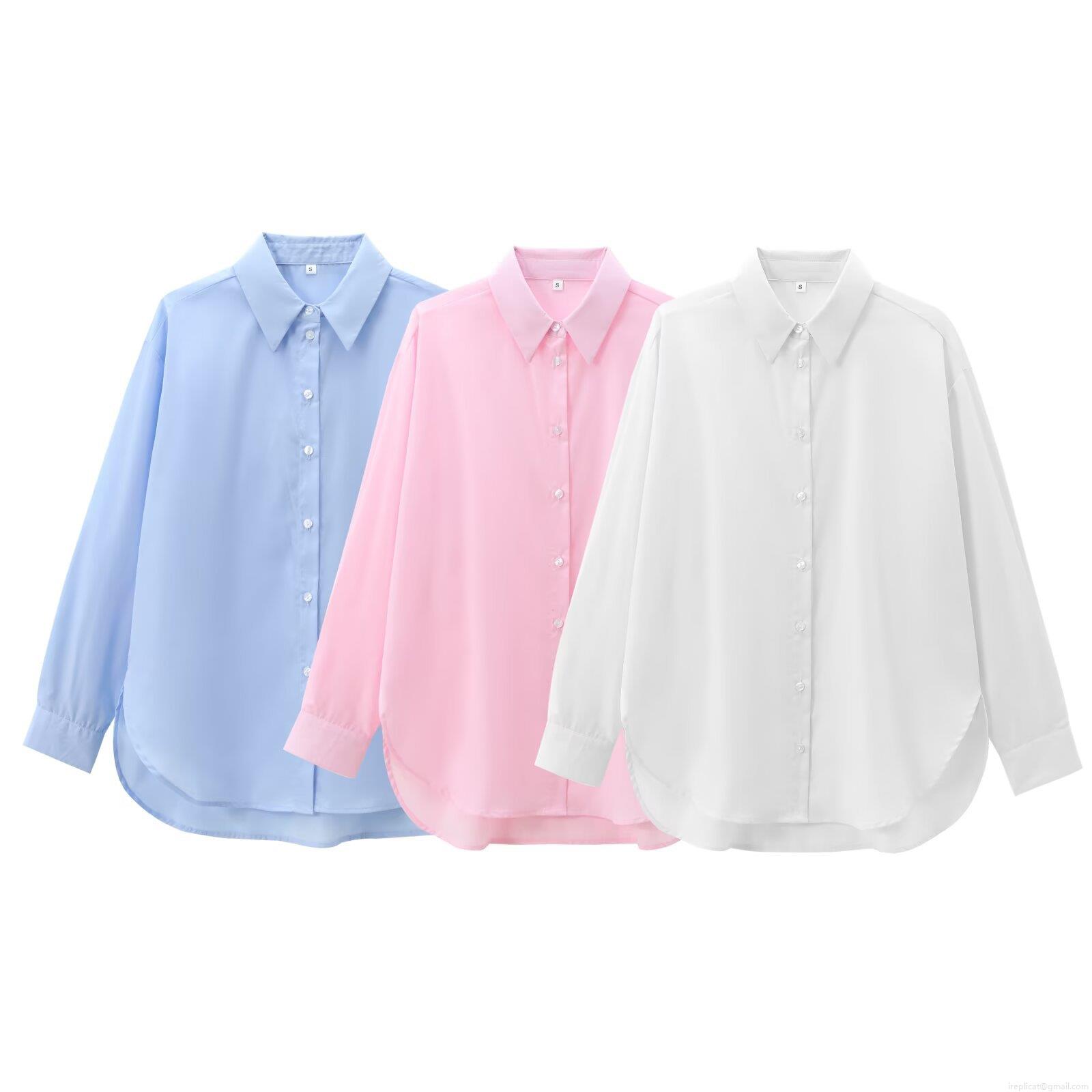 Women's Fashion Loose Cotton Polyester Blouse Long Sleeve Button Down Shirt Solid Color Streetwear Polo Collar Casual Tops For Ladies Autumn Apparel