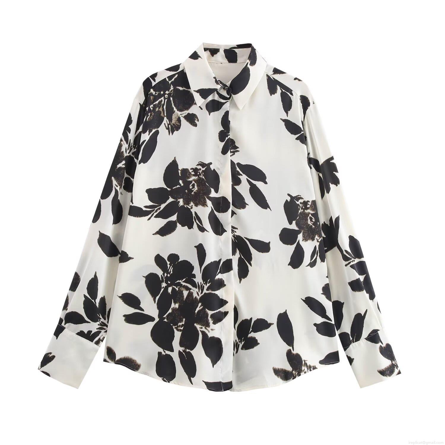 Women's Fashion Satin Long Sleeve Blouse Vintage Black Floral Print Shirt Single Breasted Lapel Casual Streetwear Top