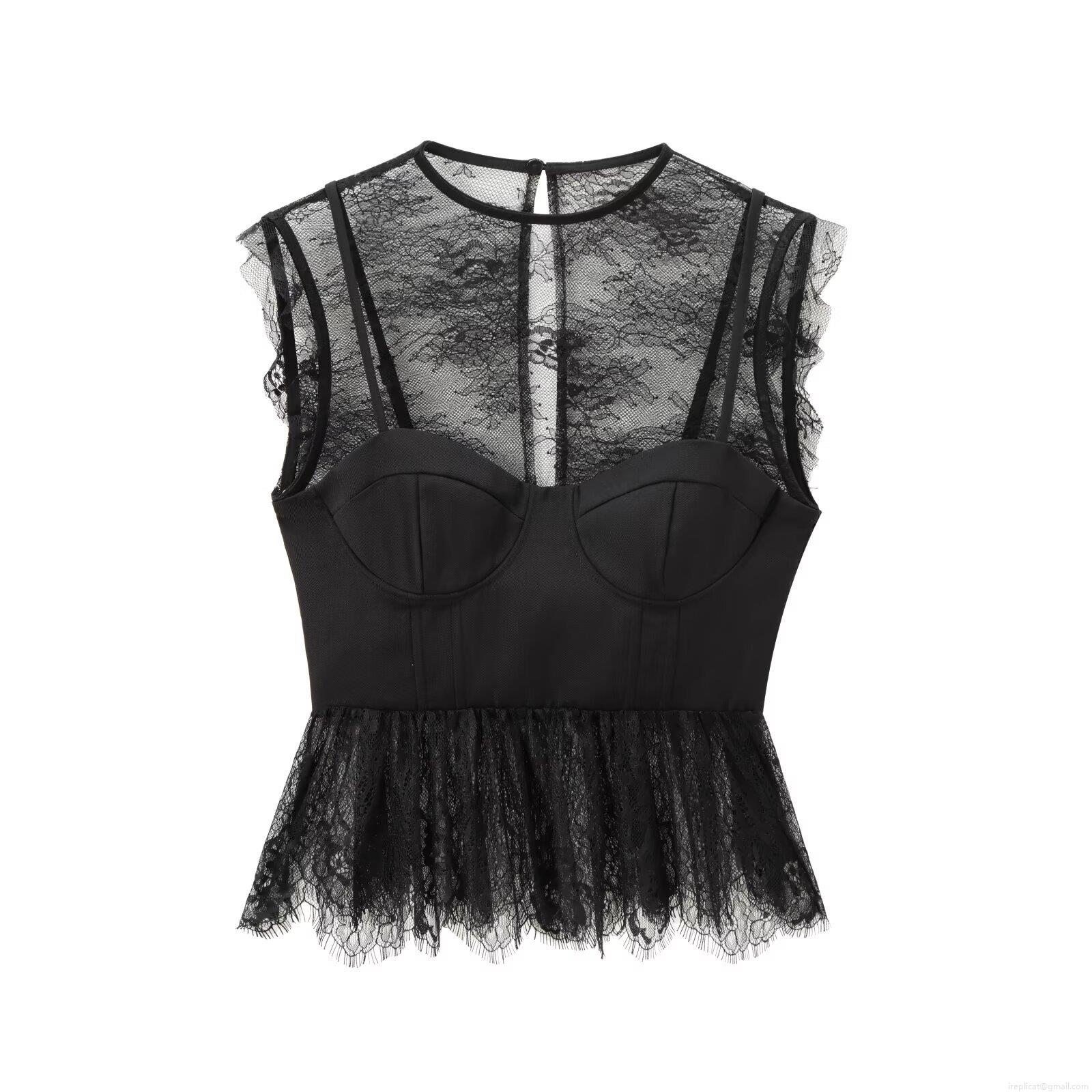 Women's Black Lace Patchwork Tank Top Sleeveless Round Neck Ruffle Hem Corset Style Streetwear Blouse Shirt For Party Daily Summer Autumn Casual