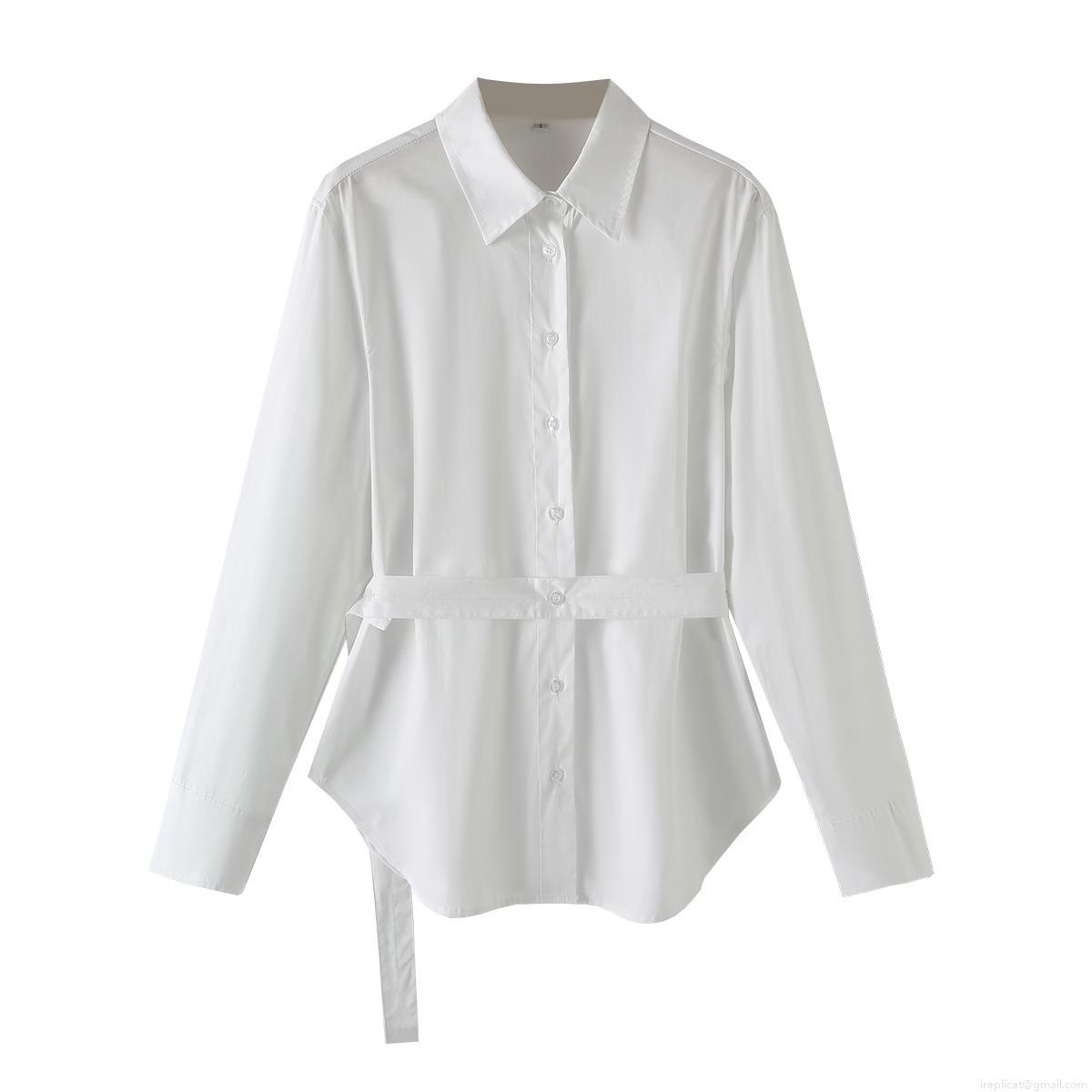 Women's 100% Cotton Poplin Shirt With Waist Tie Belt Long Sleeve Button Down Blouse Minimalist Office Streetwear Casual Solid Top