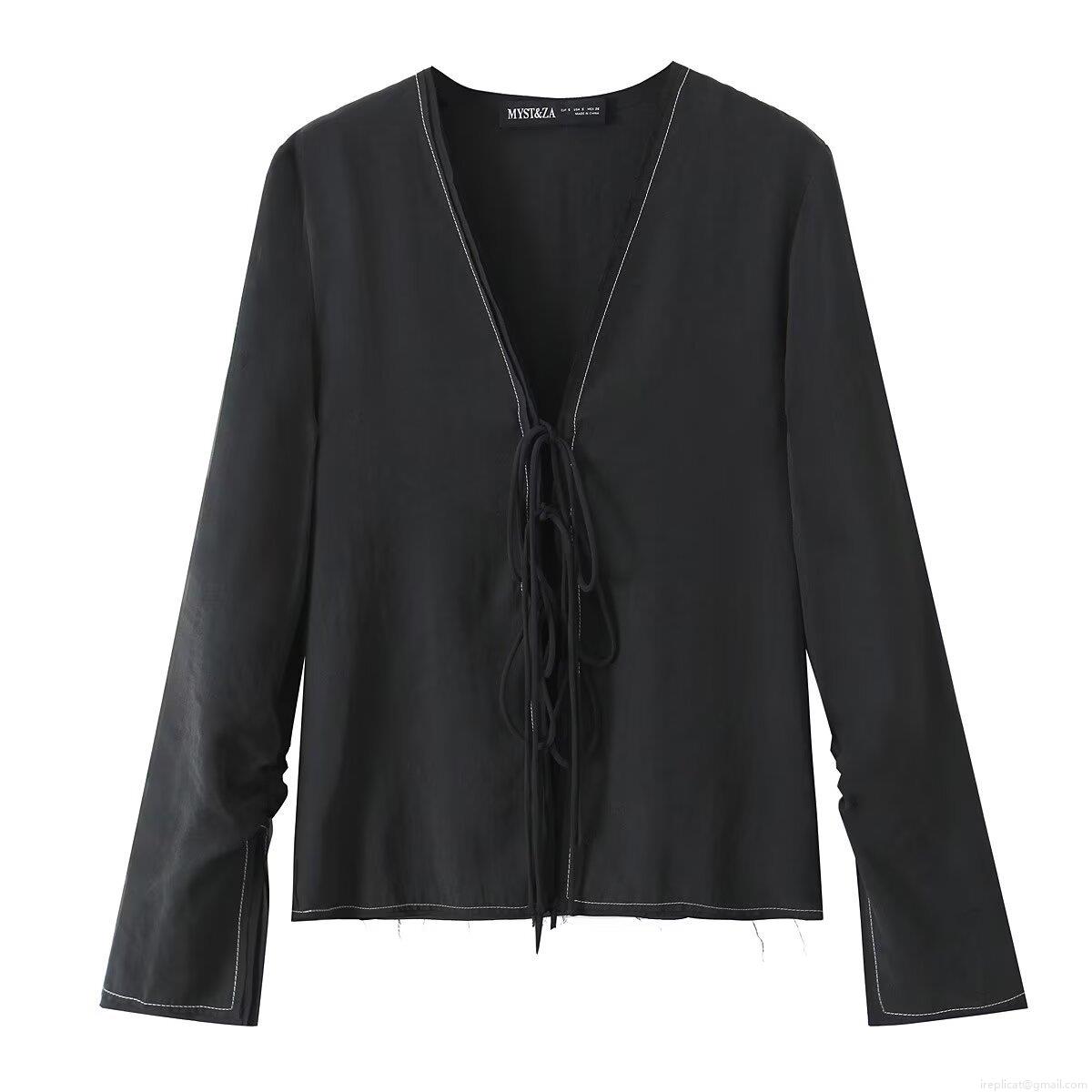 Women V Neck Long Sleeve Shirt With Bow Tie Front White Contrast Stitching Detail Black Polyester Fashion Streetwear Blouse Top For Daily Wear