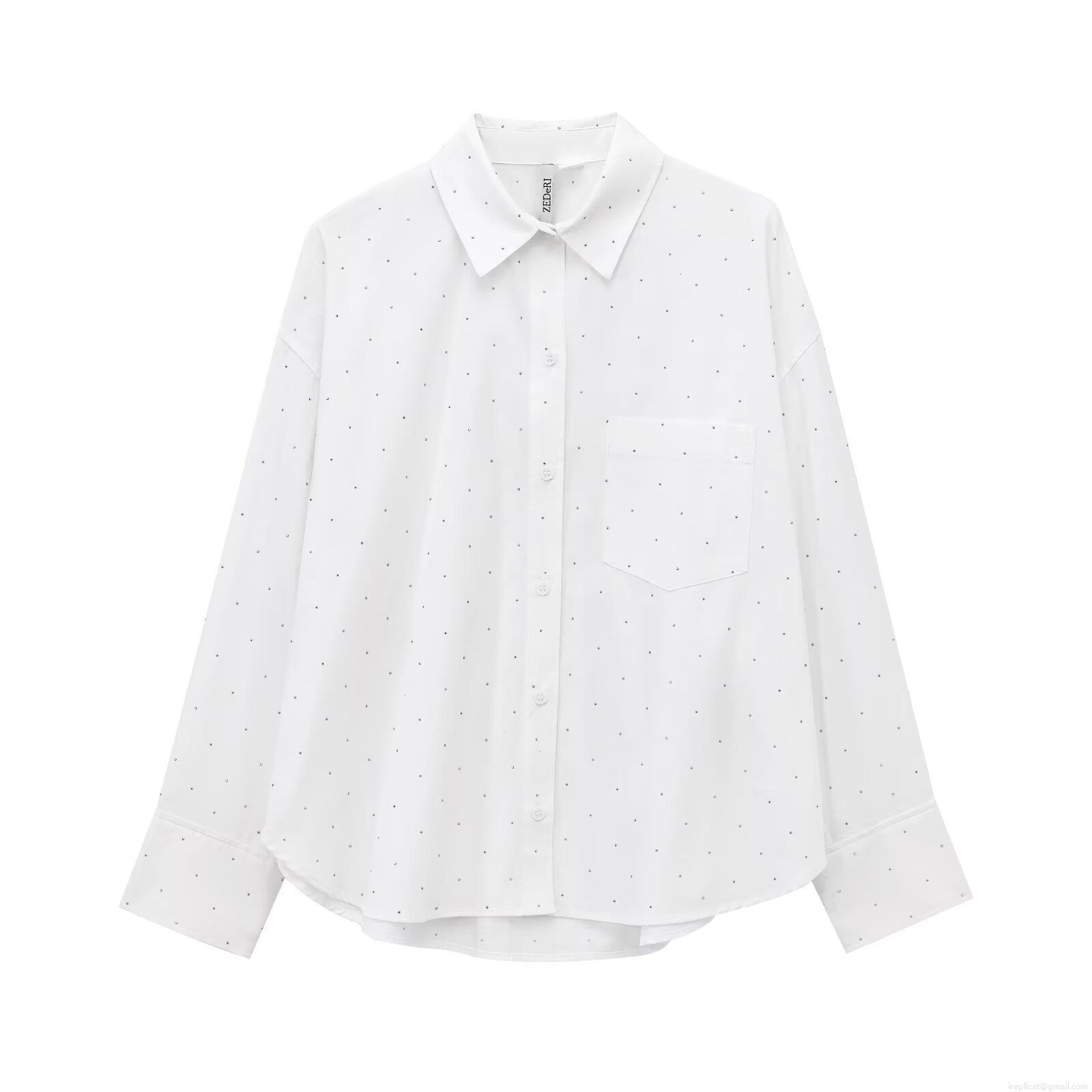 Women's Oversized White Long Sleeve Button Down Shirt With Rhinestone Embellishments Polyester Polka Dot Blouse Top For Casual Streetwear Party