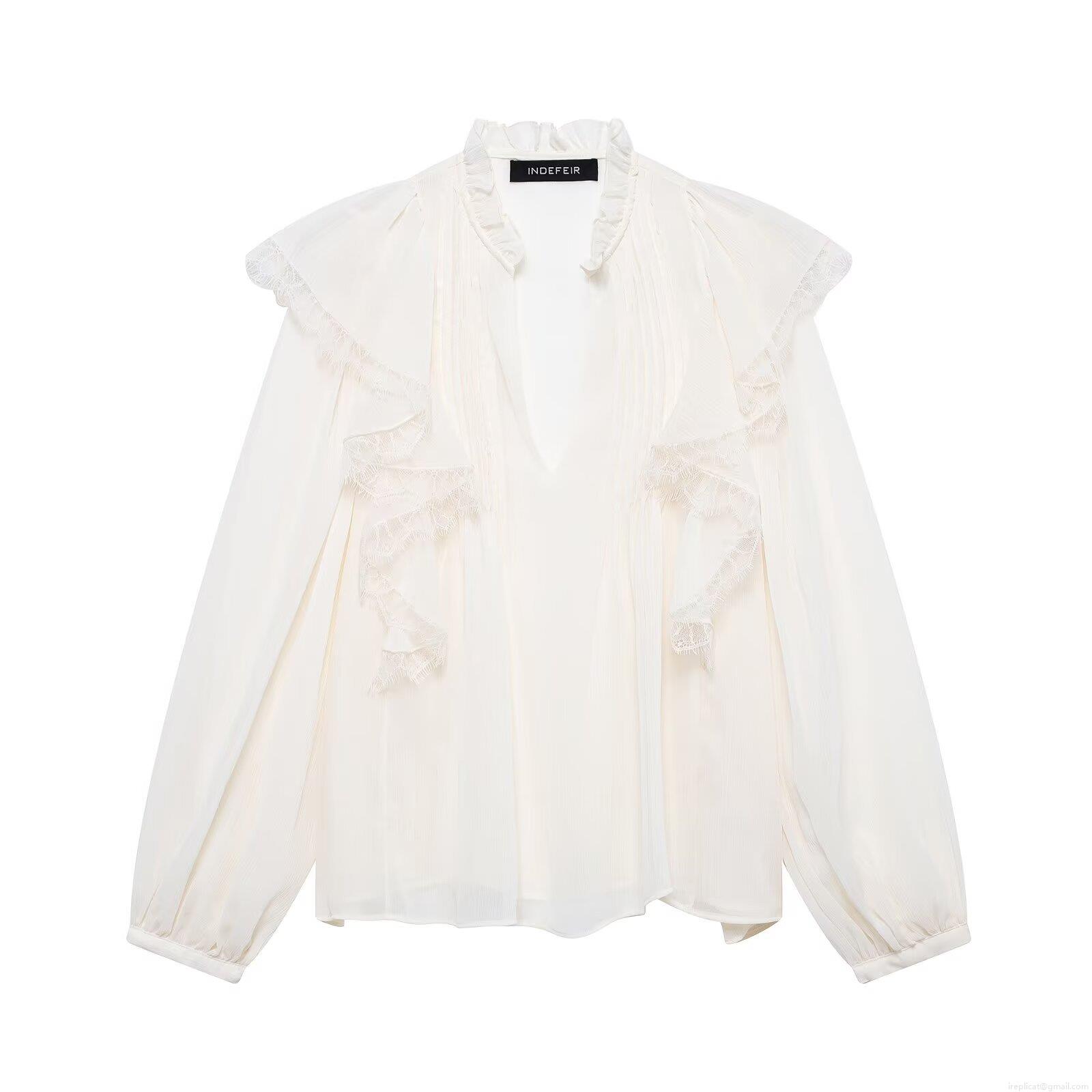 Women's V Neck Blouse Cotton Blend Polyester Chiffon Shirt With Ruffle Tiered Lace Patchwork Long Sleeve Casual Daily Streetwear Retro Style Tops