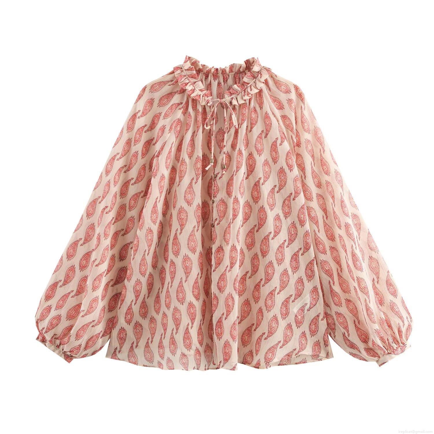 Women's Paisley Print Blouse With Metallic Thread Ruffled Tie Neck Long Lantern Sleeve Loose Casual Shirt Bohemian Vacation Tops