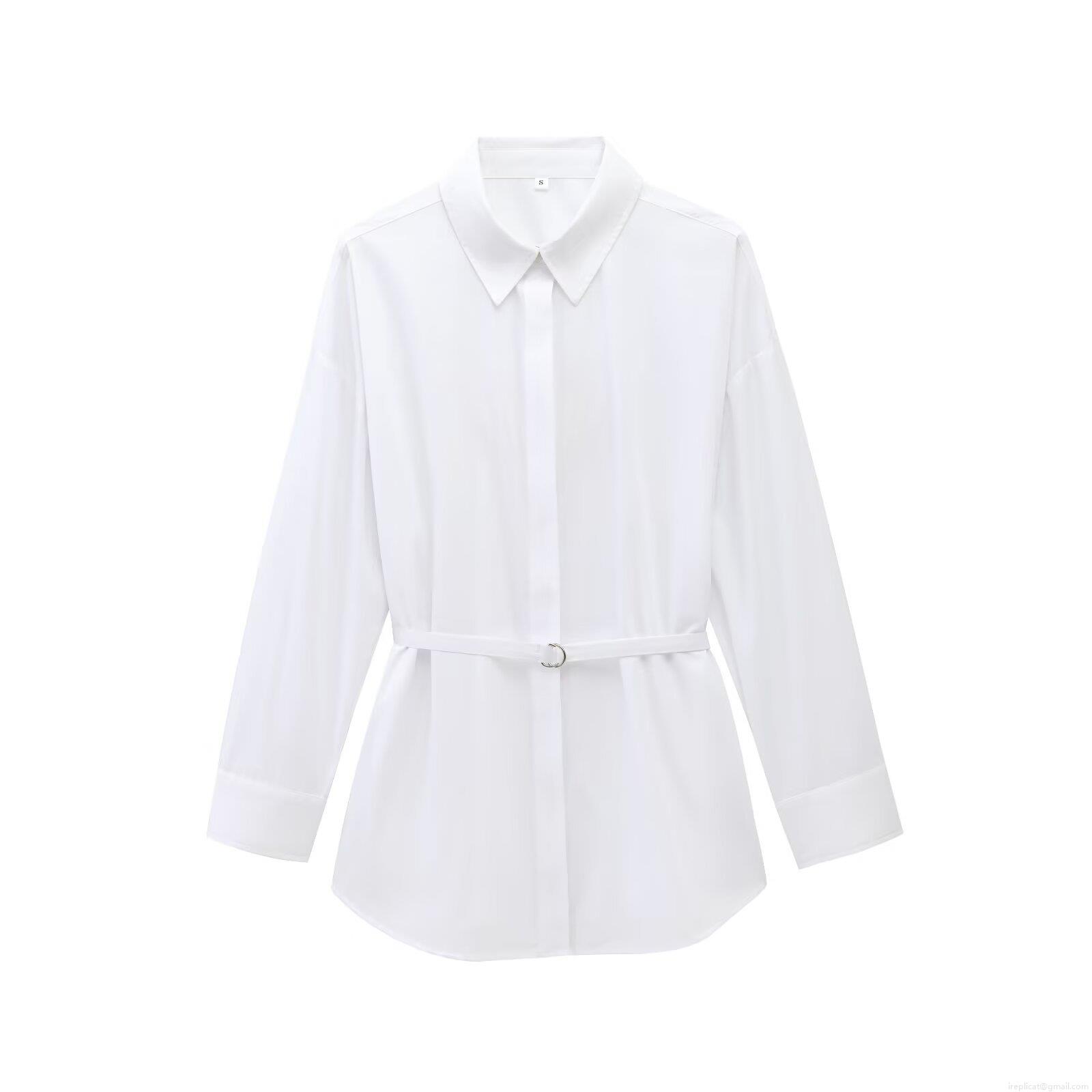 White Long Sleeve Blouse Shirt With Belt Women's Casual Lapel Button Down Street Style Poplin Top For Office Daily Wear Fashion Lady
