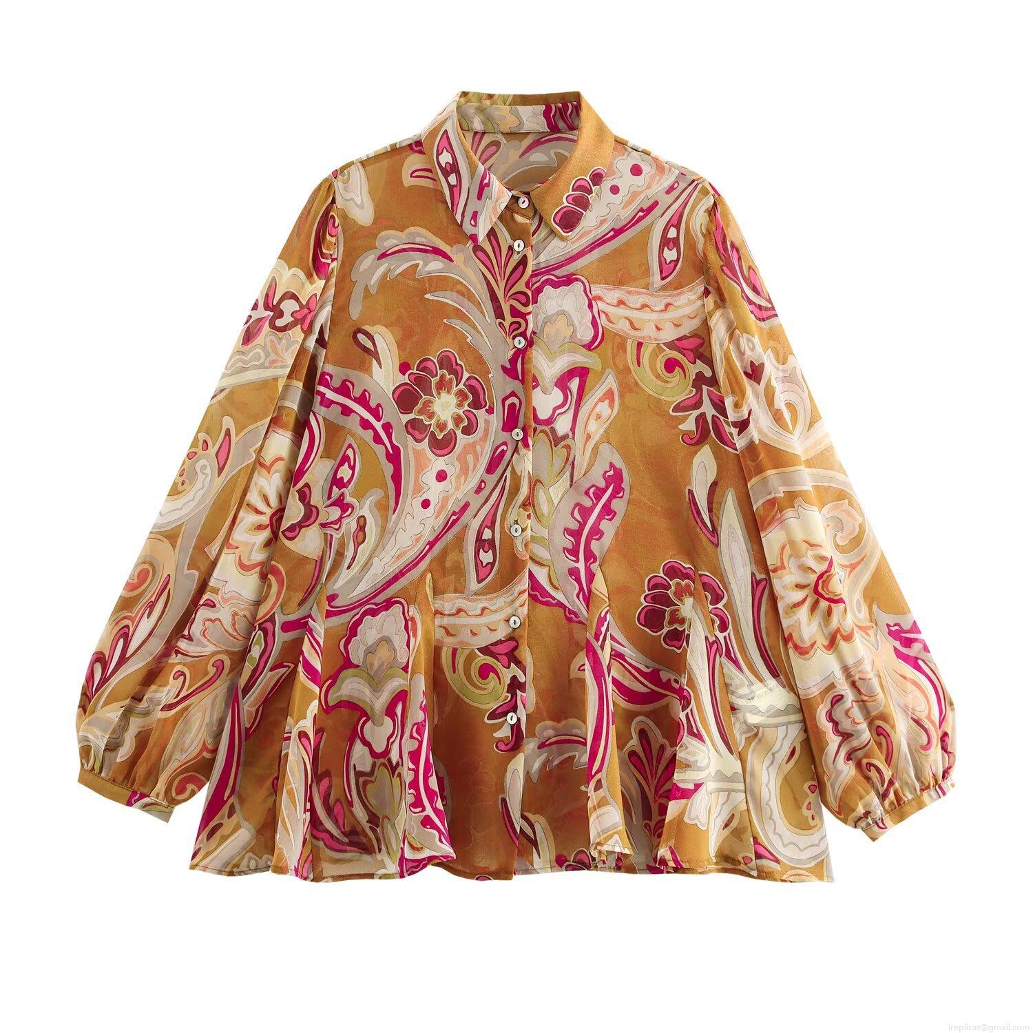 Women's Vintage Paisley Print Chiffon Blouse Long Sleeve Single Breasted Lapel Shirt Fashion Lightweight Translucent Spring Autumn Tops