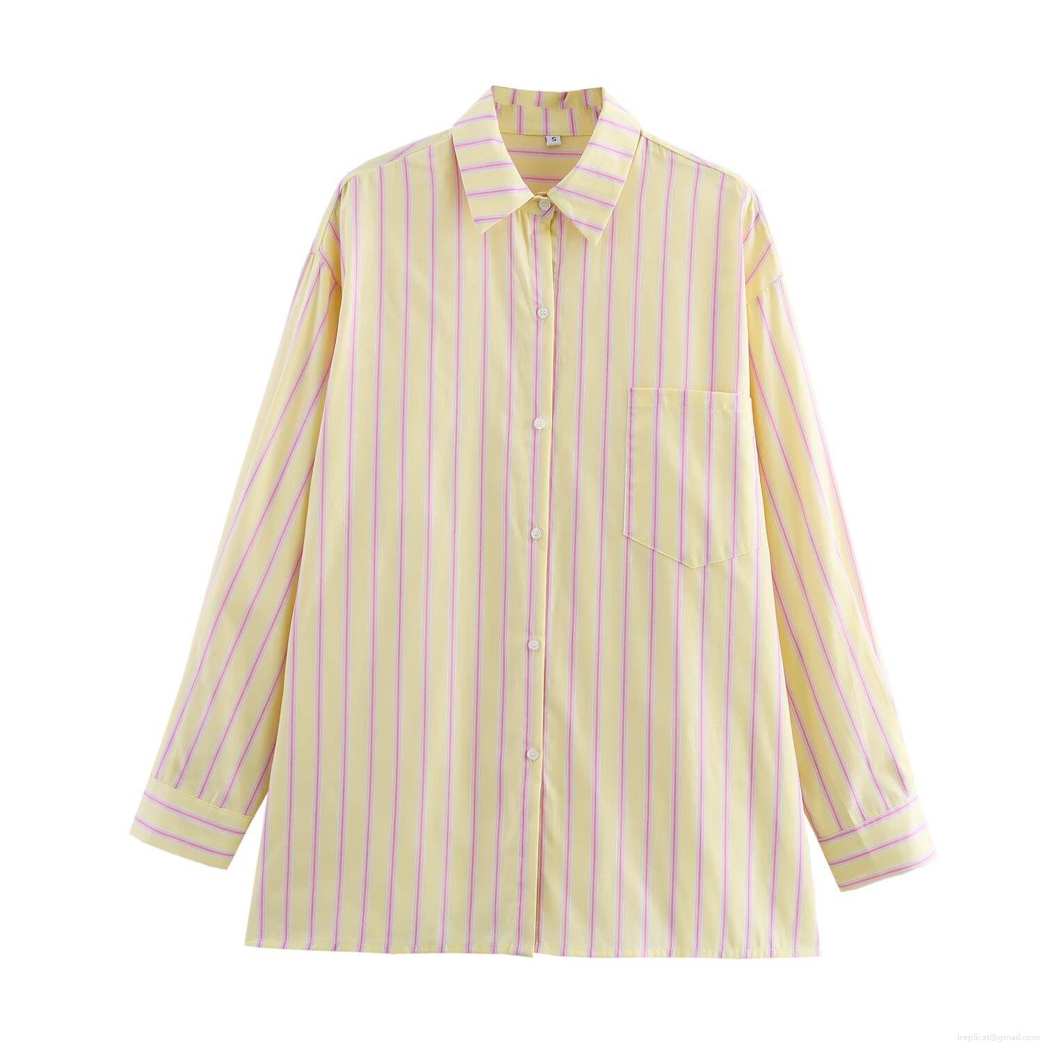 Women's Striped Long Sleeve Shirt 90% Cotton Blend Vertical Stripes Single Breasted Lapel Collar With Pocket Loose Fit Casual Daily Office Streetwear Chic Modern European Style Ladies Tops