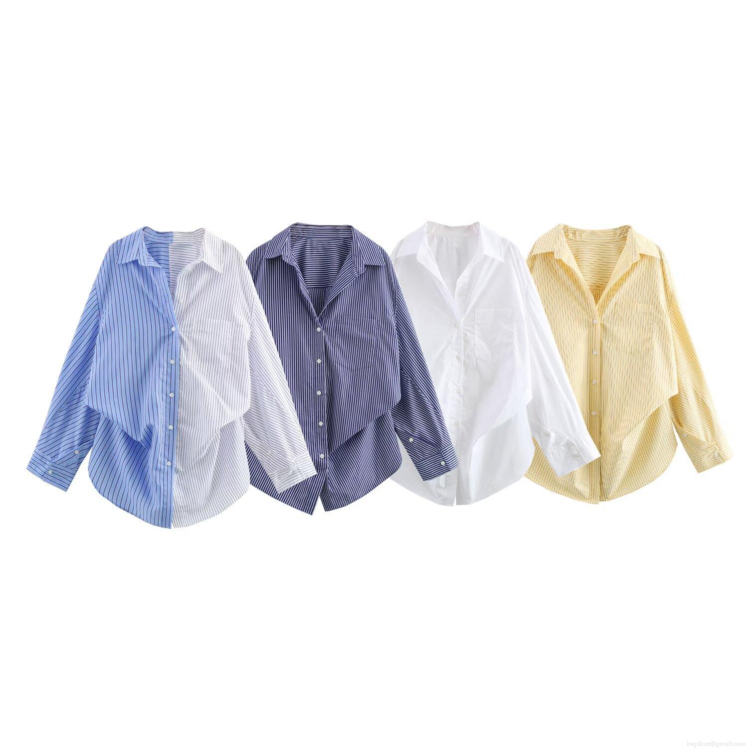 Women's Fashion Loose Striped Poplin Shirt Long Sleeve Button Down Blouses With Pocket Casual Streetwear Patchwork Tops For Women