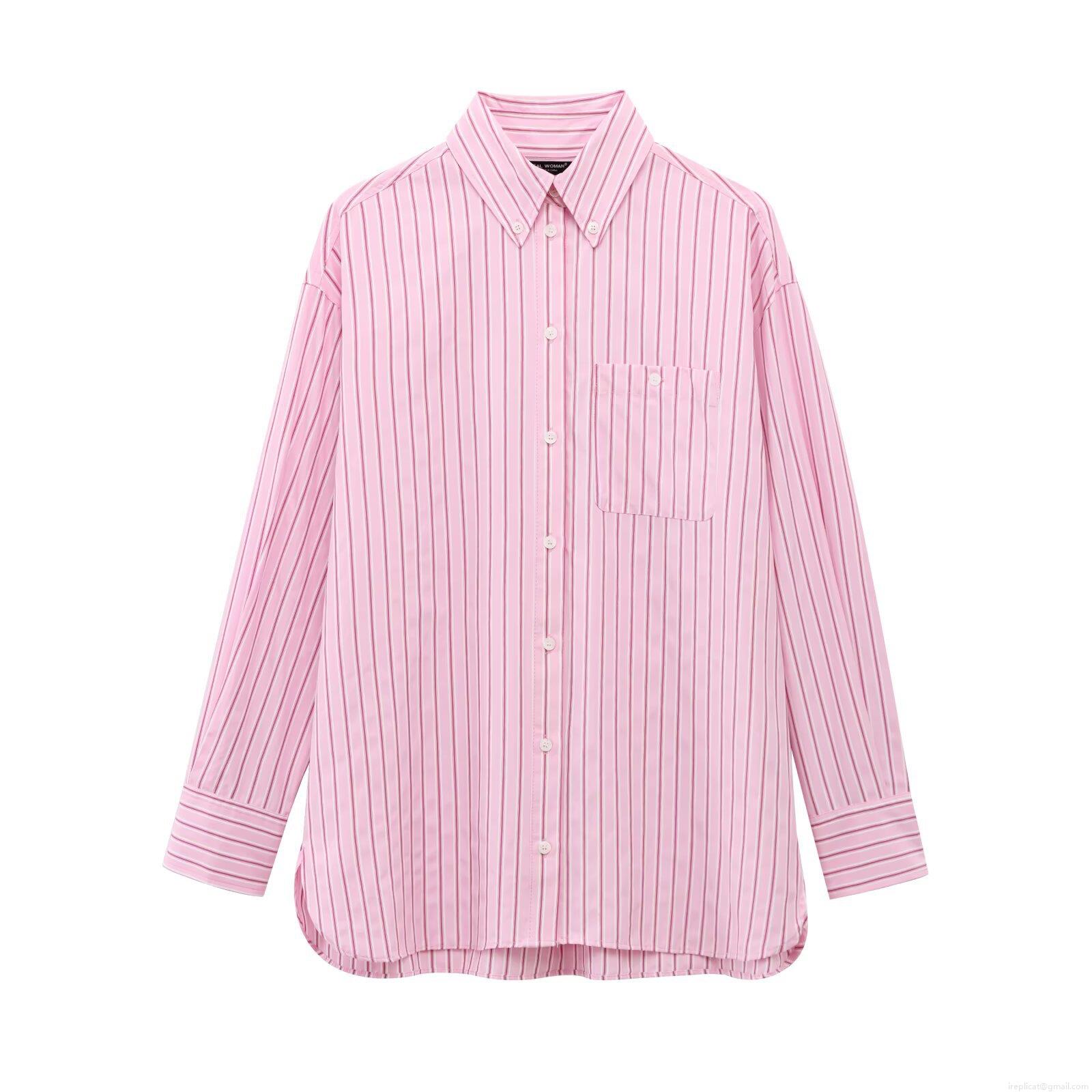 Women's Casual Striped Long Sleeve Button Down Shirt Loose Fit Lapel Blouse With Chest Pocket Pink White Stripes Fashion Top for Daily Office Work