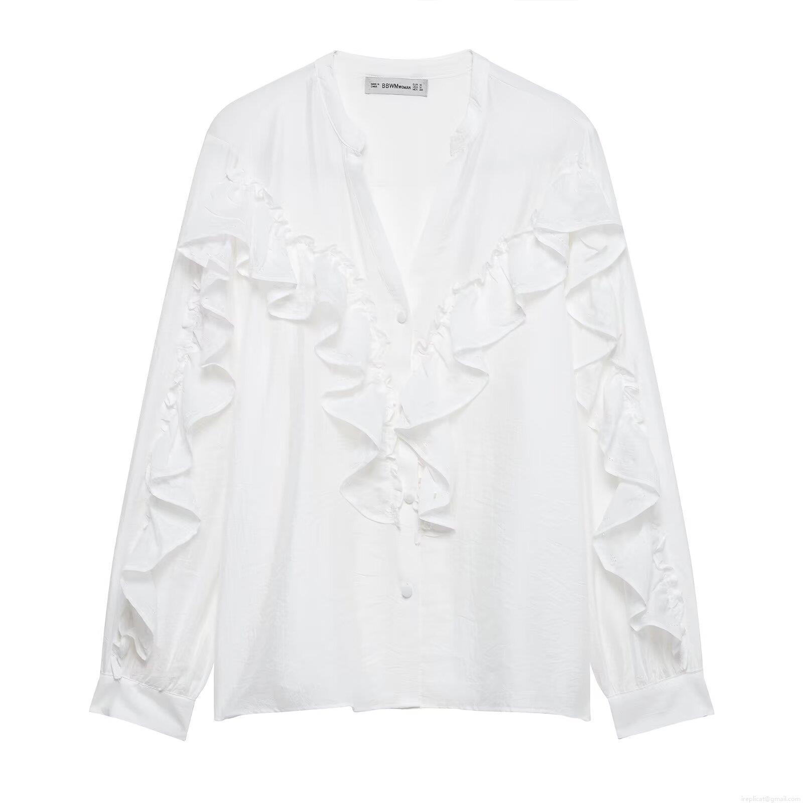Women's V-Neck Ruffle Layered Blouse Long Sleeve White 100% Polyester Shirt Loose Fit Casual Streetwear Tops For Daily Dating Ladies Fashion Blouse