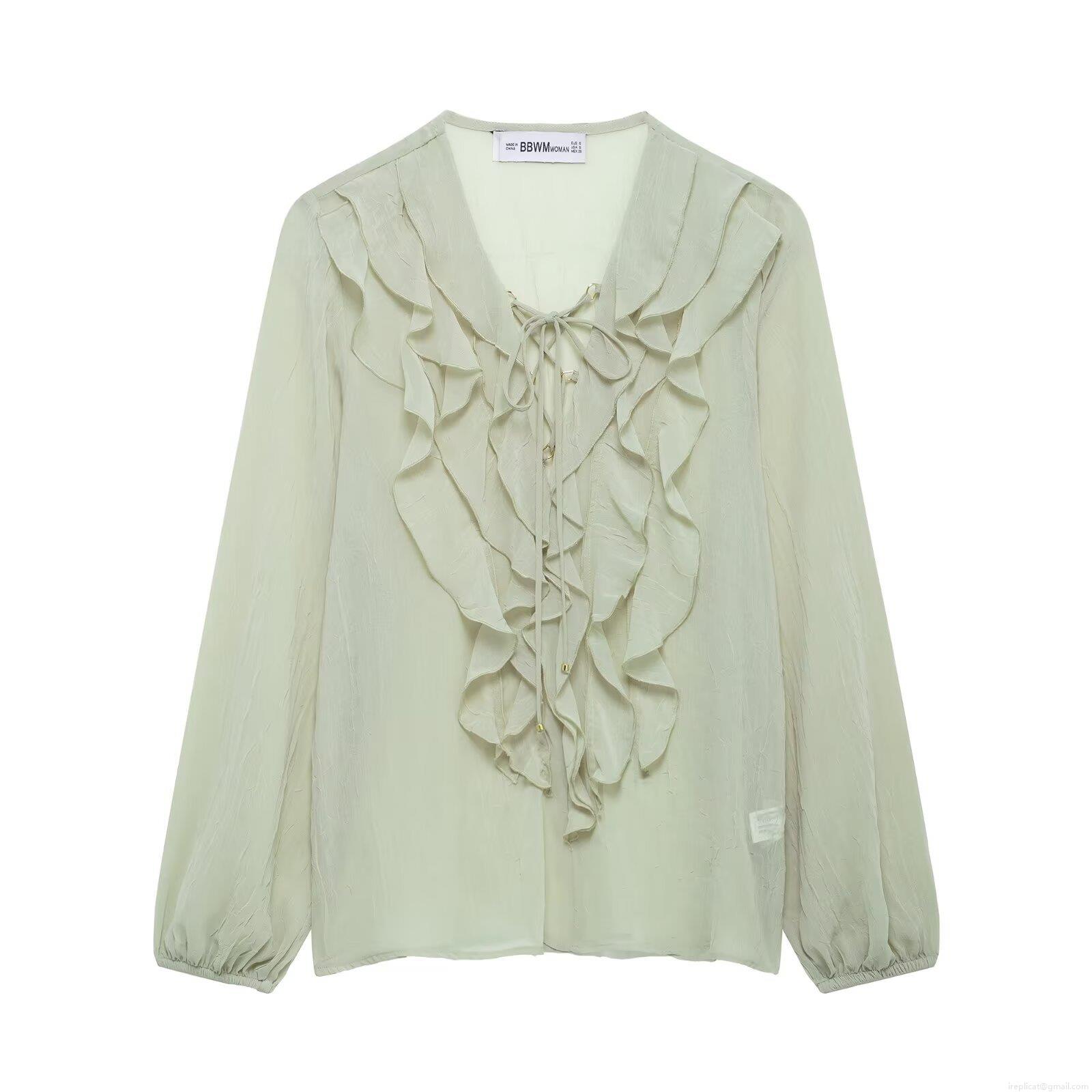 Women's Long Sleeve Blouse 100% Polyester Crinkled Fabric V-Neck Tie-Up Ruffled Decor Lantern Sleeve Western Street Style Solid Color Casual Pullover Top