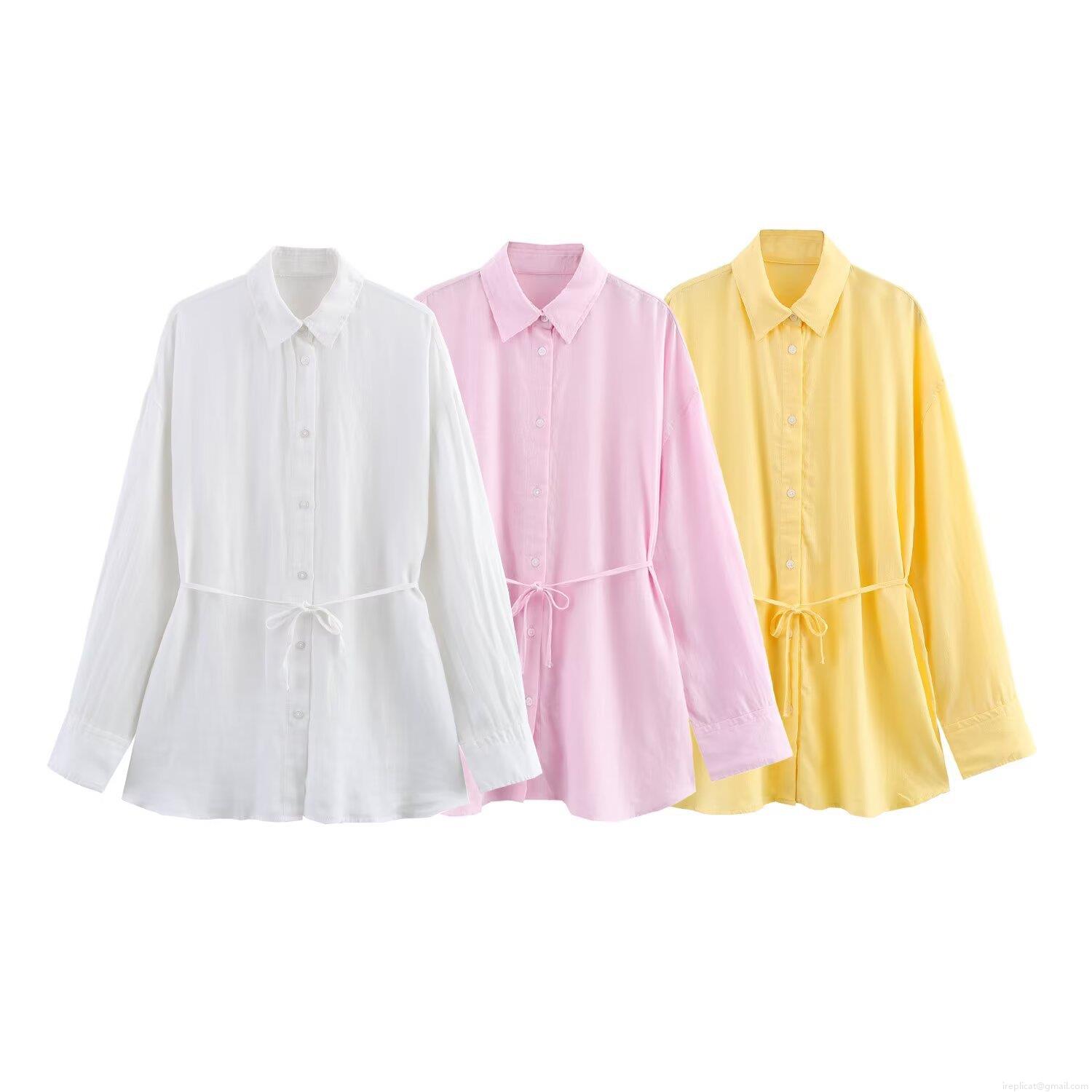 Women's Loose Linen Polyester Blend Long Sleeve Shirt Solid Color Casual Tie Waist Button Down Blouse Lapel Tops For Streetwear Office