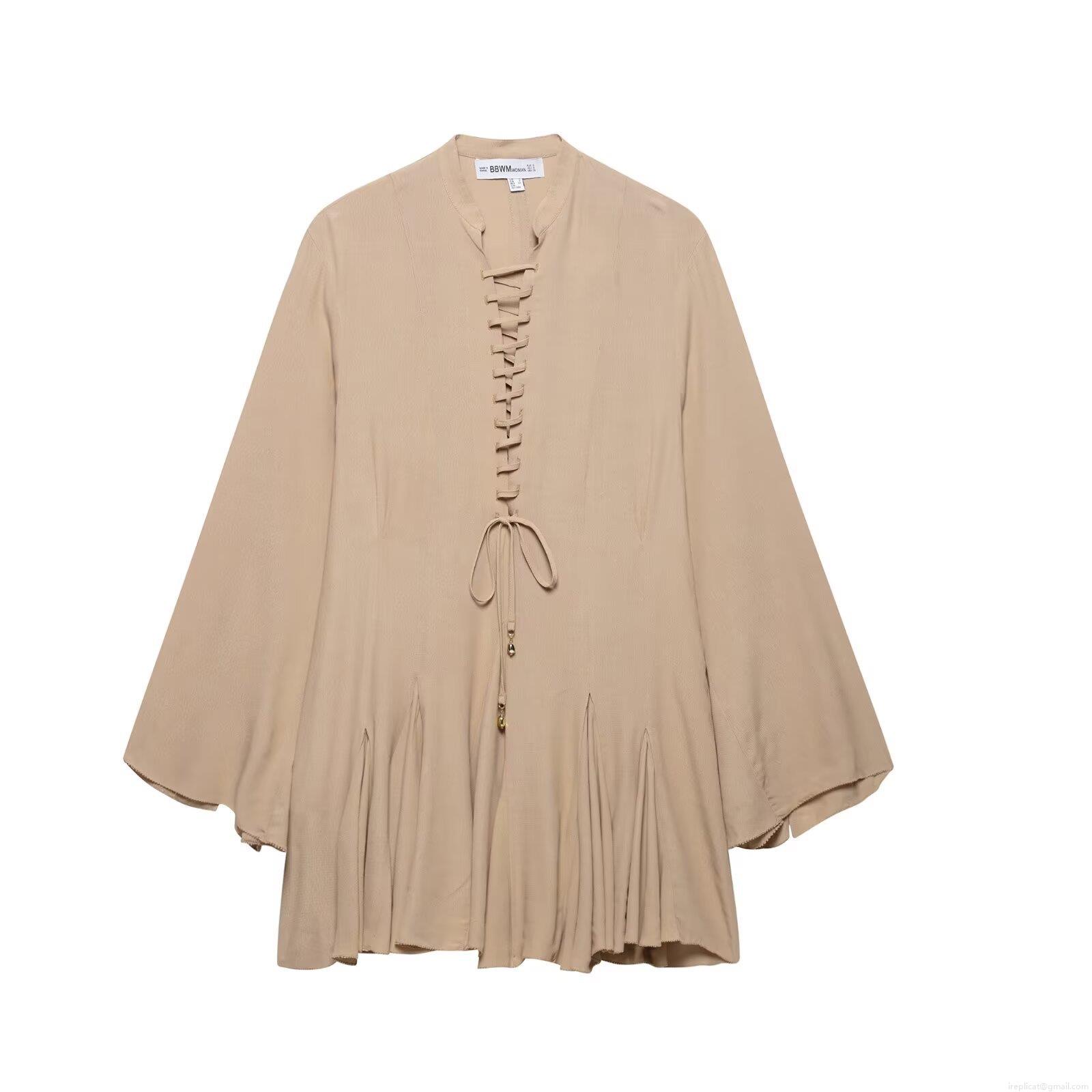 Women's Chiffon Blouse V Neck Lace Up Front Long Sleeve Pleated Hem Top Polyester Solid Color Elegant Western Fashion Streetwear Shirt For Women