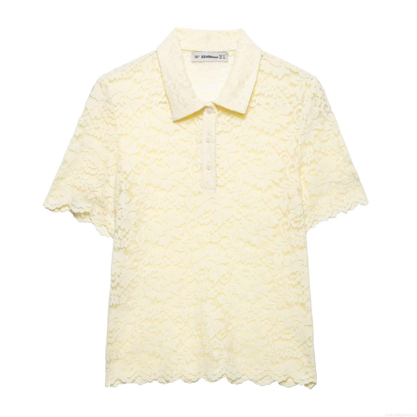 Women Short Sleeve Lace Polo Shirt Elegant Hollow Out Floral Embroidery Polyester Blouse Summer Streetwear Casual Tops For Lady