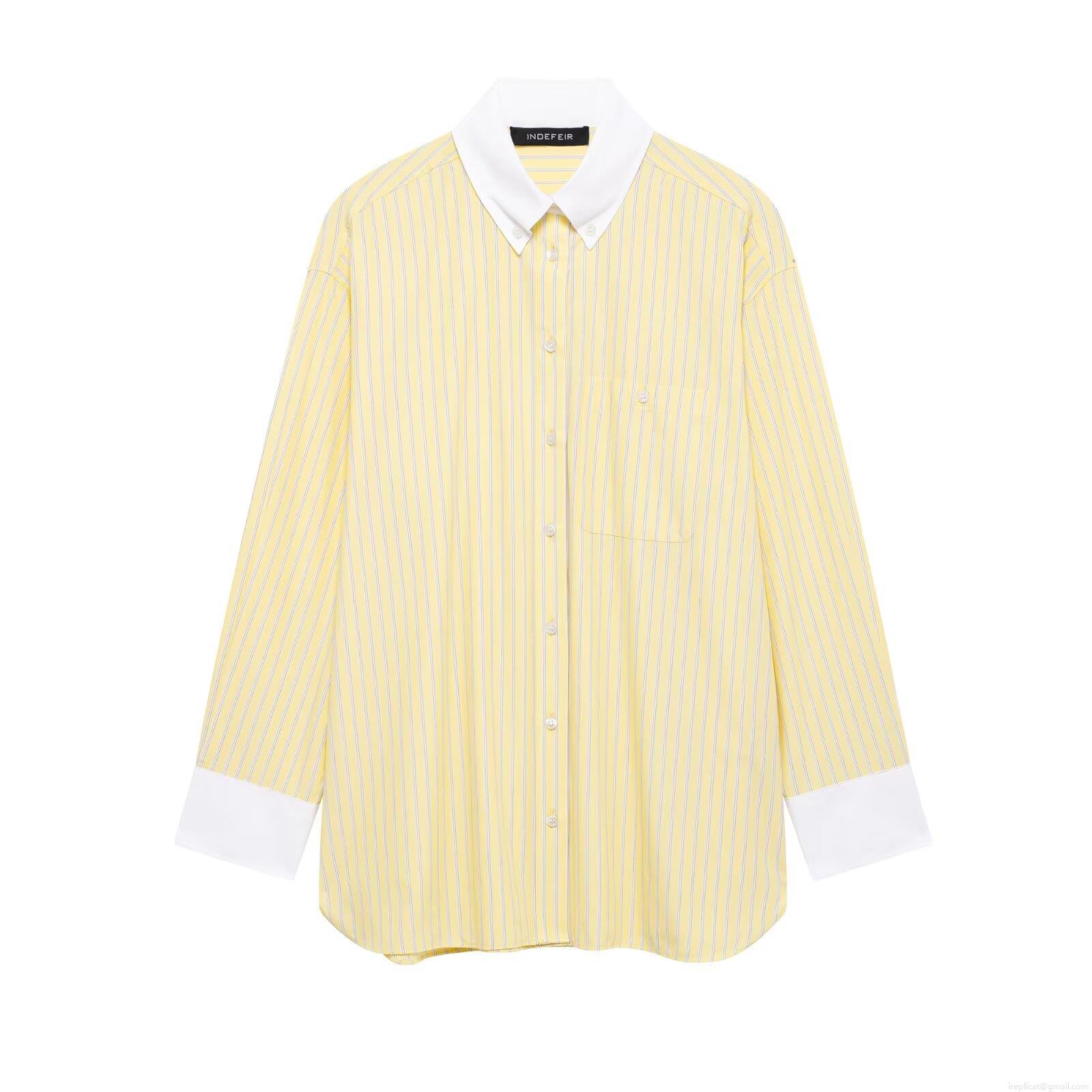 Women Striped Poplin Shirt Contrast Collar Cuffs Button Down Long Sleeve Blouse Casual Loose Daily Streetwear Fashion Tops For Women