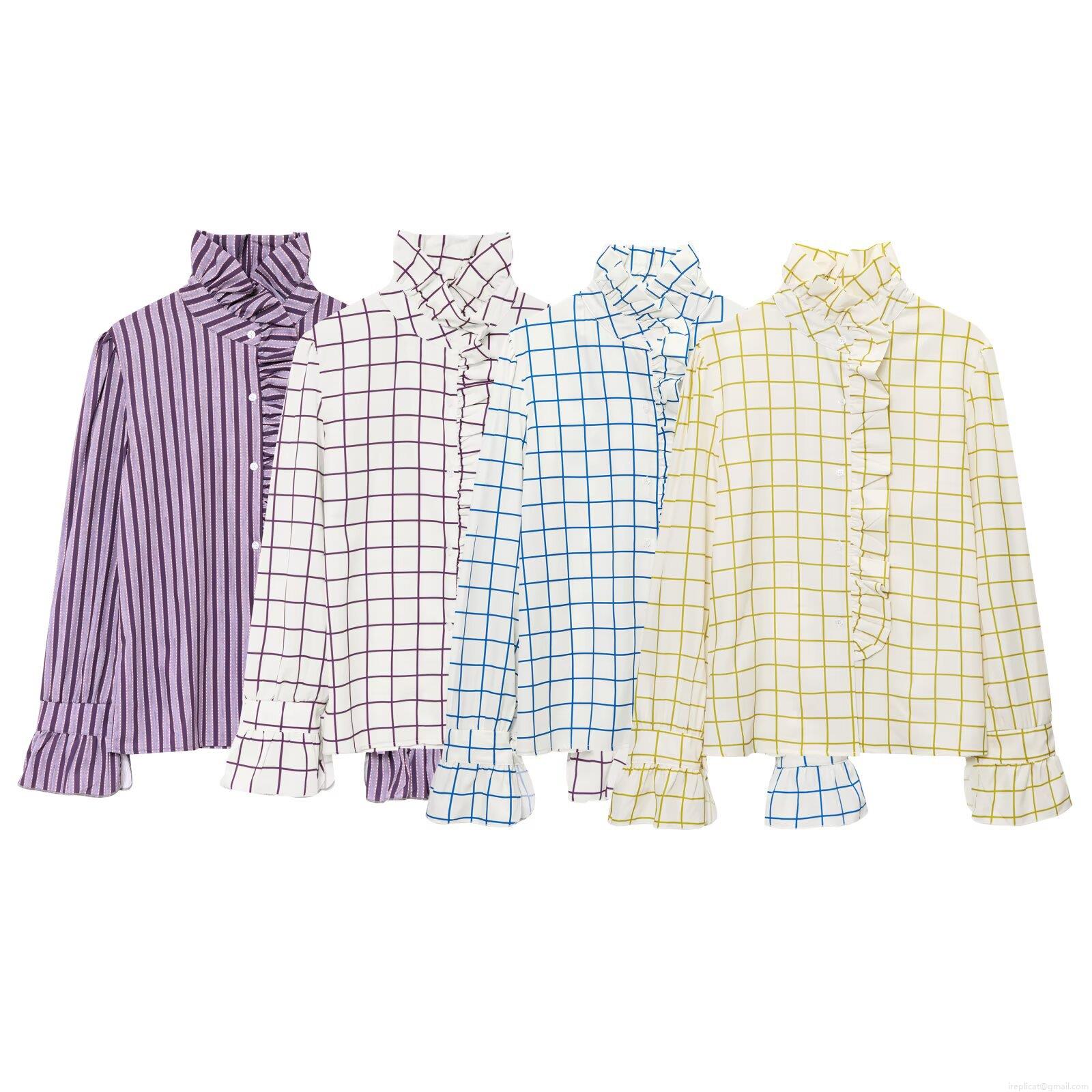 Women's Ruffled Stand-up Collar Plaid Shirt Long Sleeve Polyester Blouse Casual Streetwear Spring Autumn Fashion Daily Wear Button Down Elegant Top For Women