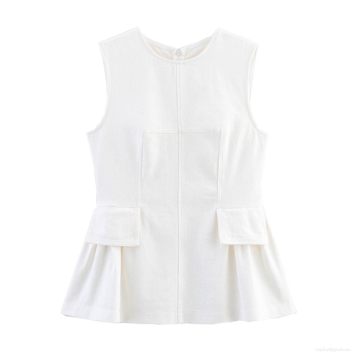 Women's Elegant Peplum Top Sleeveless Round Neck 100% Cotton Twill Blouse With Decorative Pocket Back Invisible Zipper Slim Fit Solid White Summer Street Style Shirt