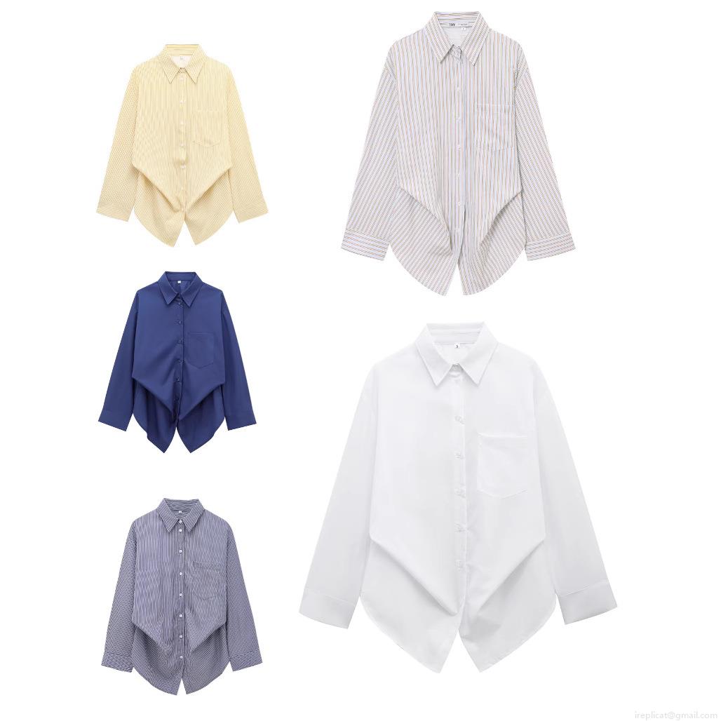 Women Striped Polyester Shirt Casual Batwing Long Sleeve Blouse Lapel Neck Asymmetric Twist Knot Hem Single Breasted Top Fashion Streetwear Ladies