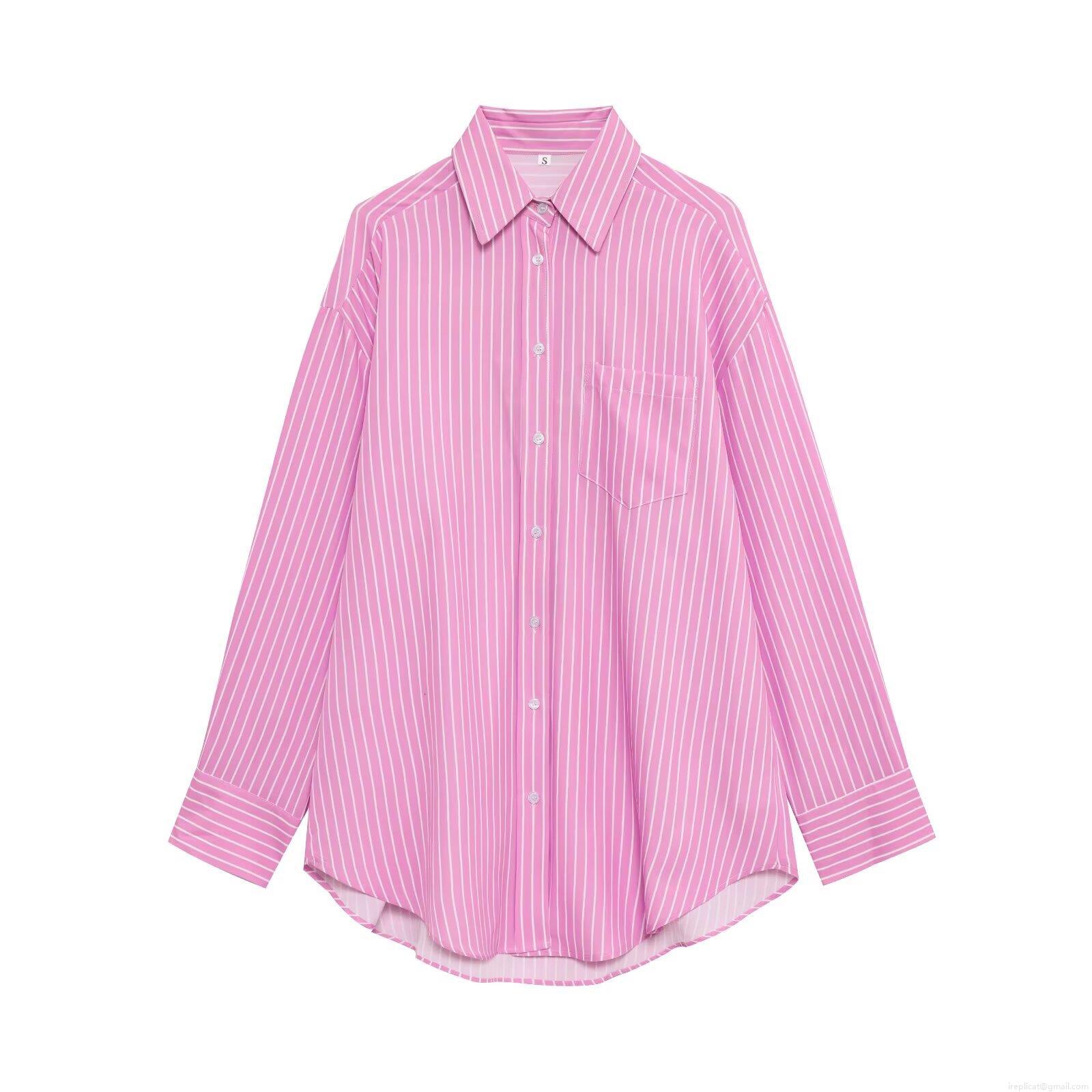 Women's Striped Long Sleeve Shirt Polyester Woven Fabric Lapel Collar Single Breasted Loose Fit Chic Streetwear Summer Casual Top For Women