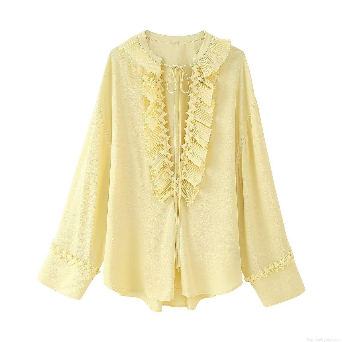 Women's Chiffon Blouse V-Neck Ruffle Pleated Long Sleeve Lace-up Shirt Loose Fit French Vintage Elegant Pale Yellow Casual Top For Lady