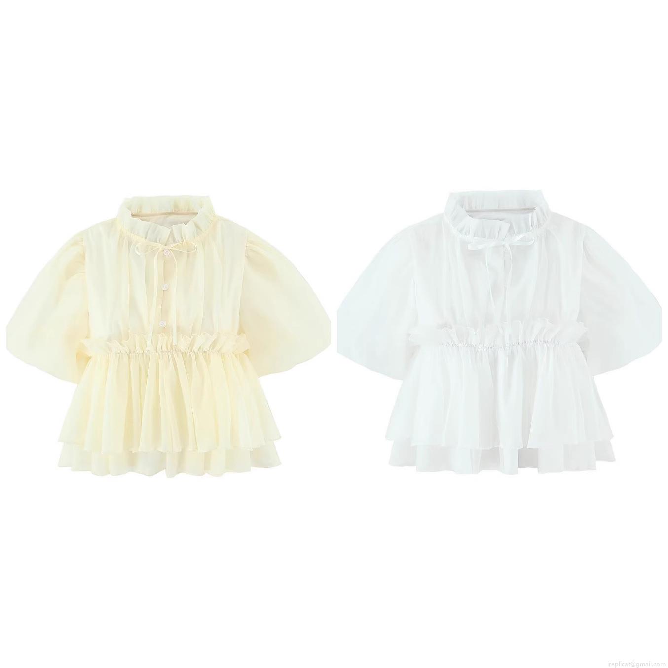Women's Summer Short Sleeve Blouse Polyester Stand Collar Puff Sleeve Ruffle Single Breasted Slim Fit Casual Streetwear Top for Women