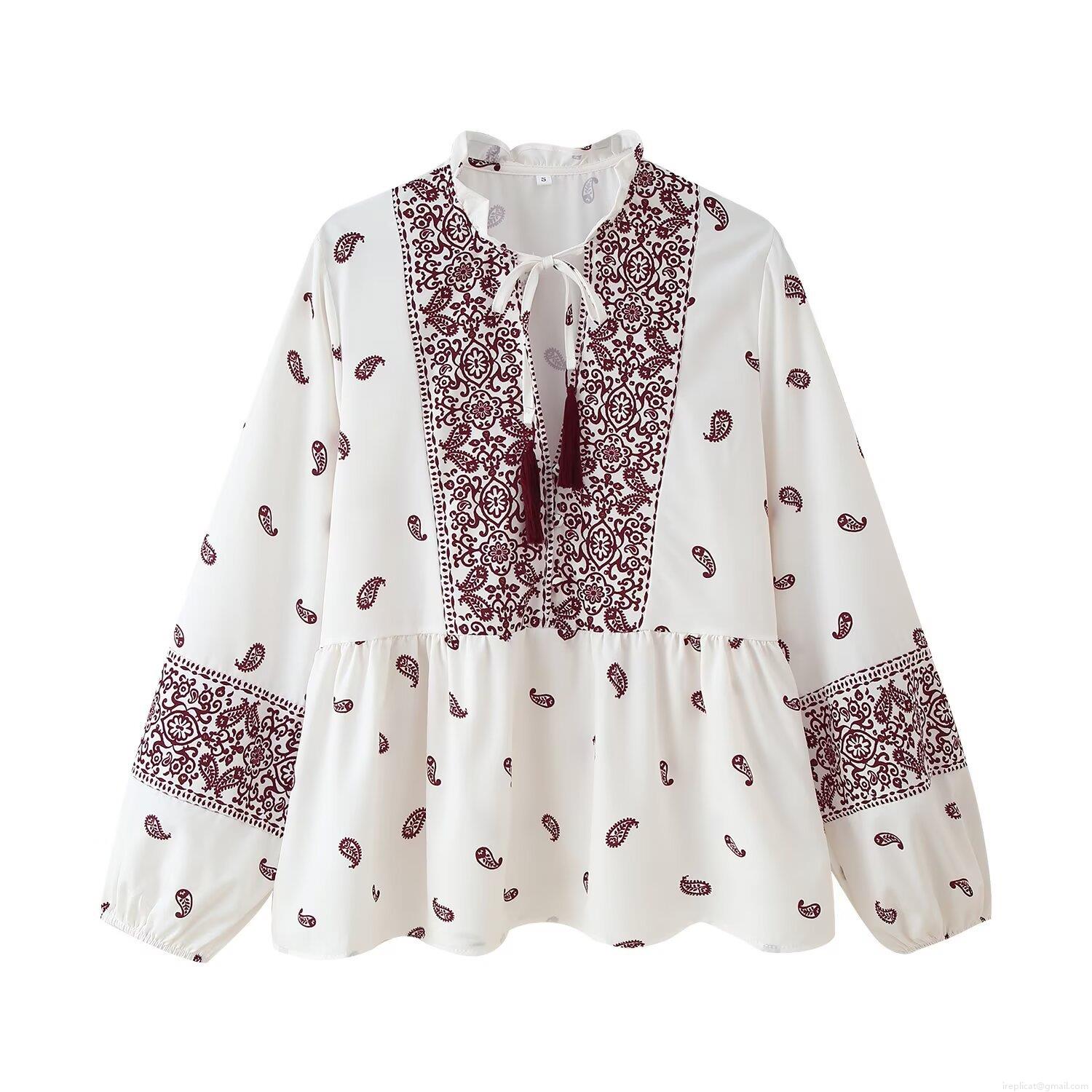 Women's Bohemian Paisley Print V-Neck Blouse Tassel Tie Long Sleeve Polyester Casual Shirt Loose Fit Streetwear Top For Women