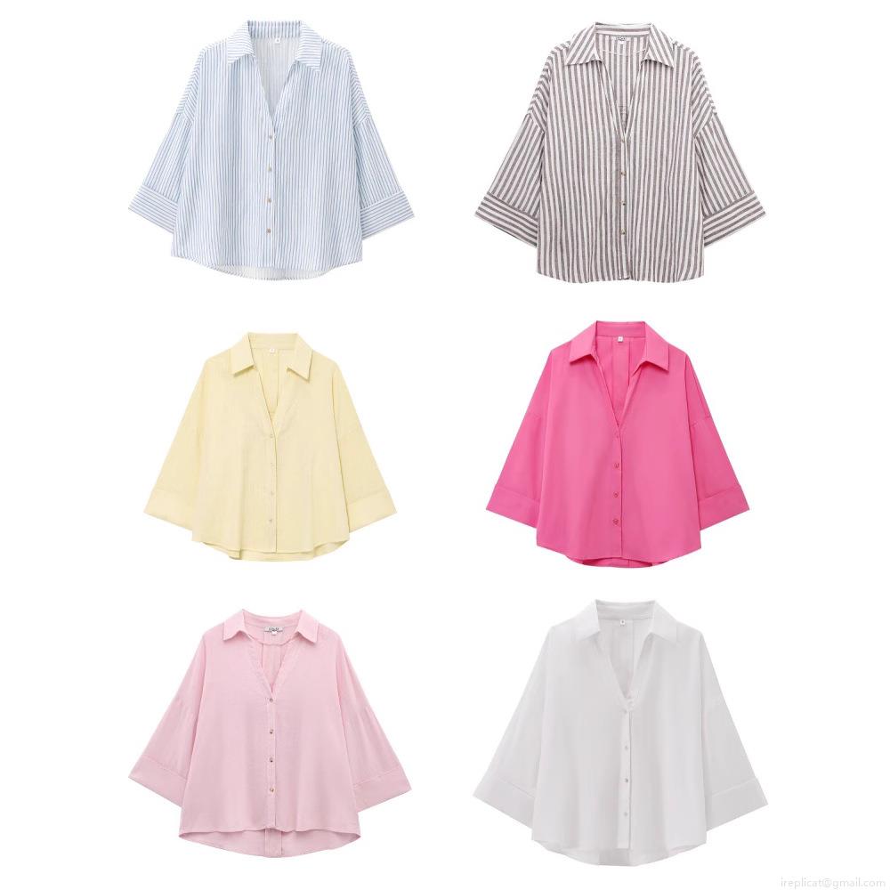 Women's Casual Polyester Slub Fabric Blouse Loose Fit Button Up Shirt Solid Color And Striped Streetwear Summer Top For Ladies