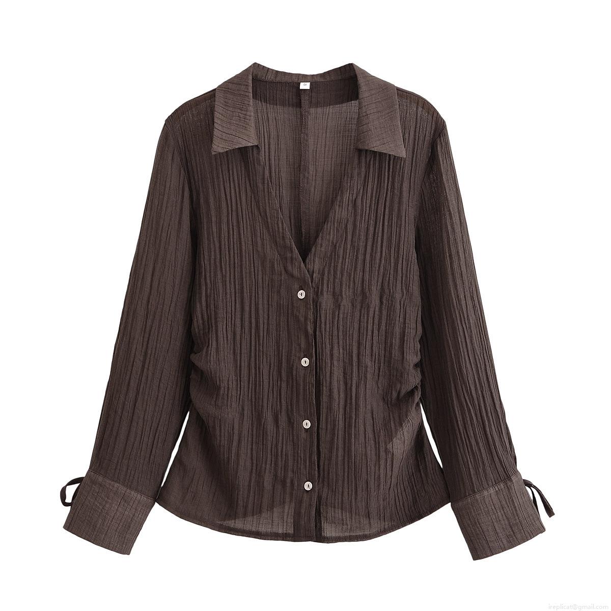 Women's Pleated Long Sleeve Shirt Lapel Single Breasted Semi-Transparent Crinkle Blouse Streetwear Casual Polyester Tops for Ladies Autumn Summer Office Wear