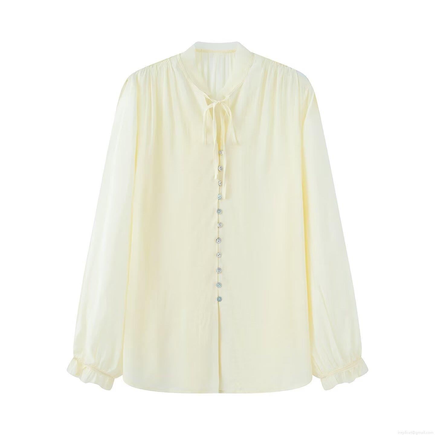 Women's Tie Neck Long Sleeve Button Up Chiffon Blouse Casual Loose Fit Office Work Shirt Elegant Solid Color Soft Polyester Top for Women Ladies