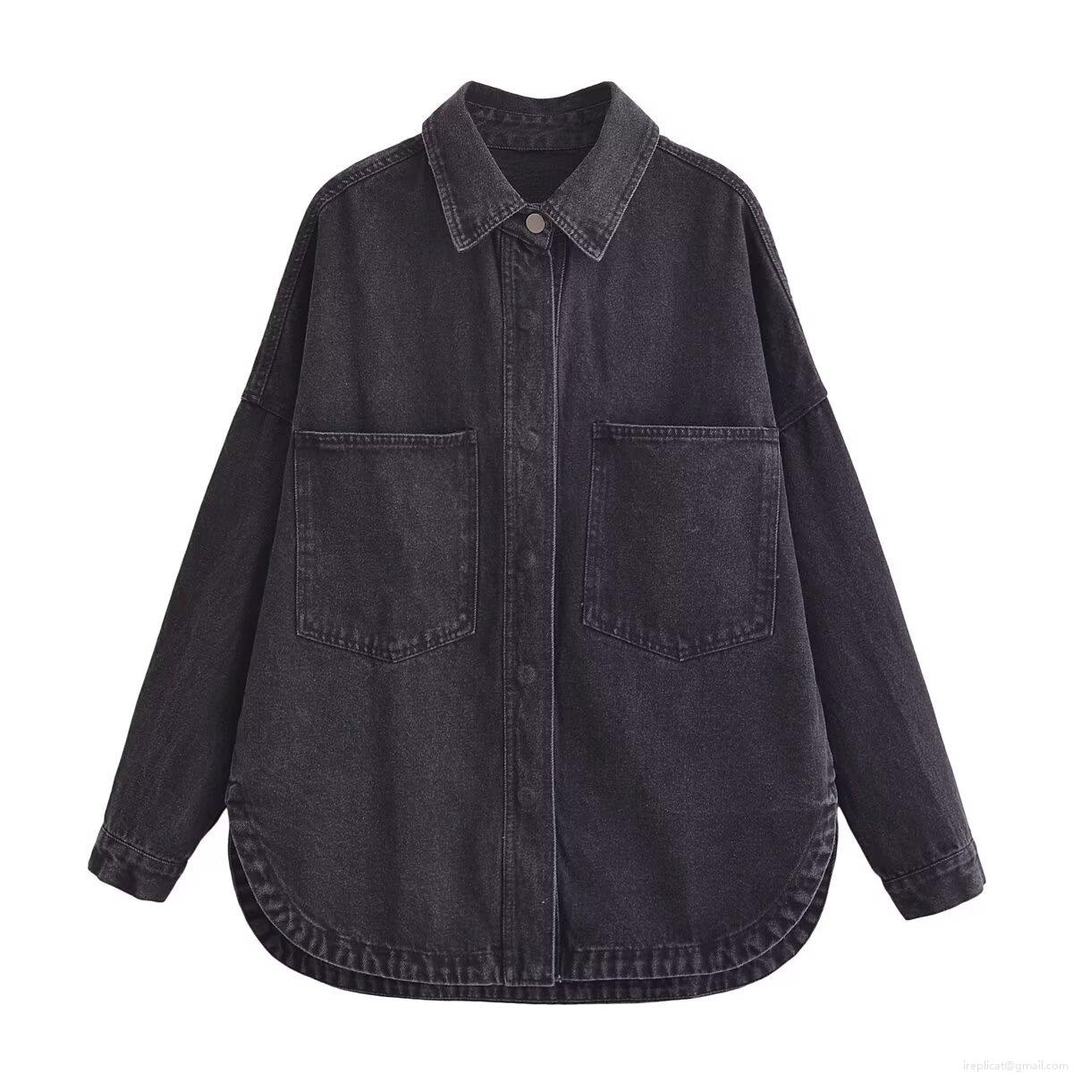 Women's Loose Denim Texture Shirt Polyester Lapel Long Sleeve Blouse With Double Pockets Casual Streetwear Button Down Top For Summer Autumn Women