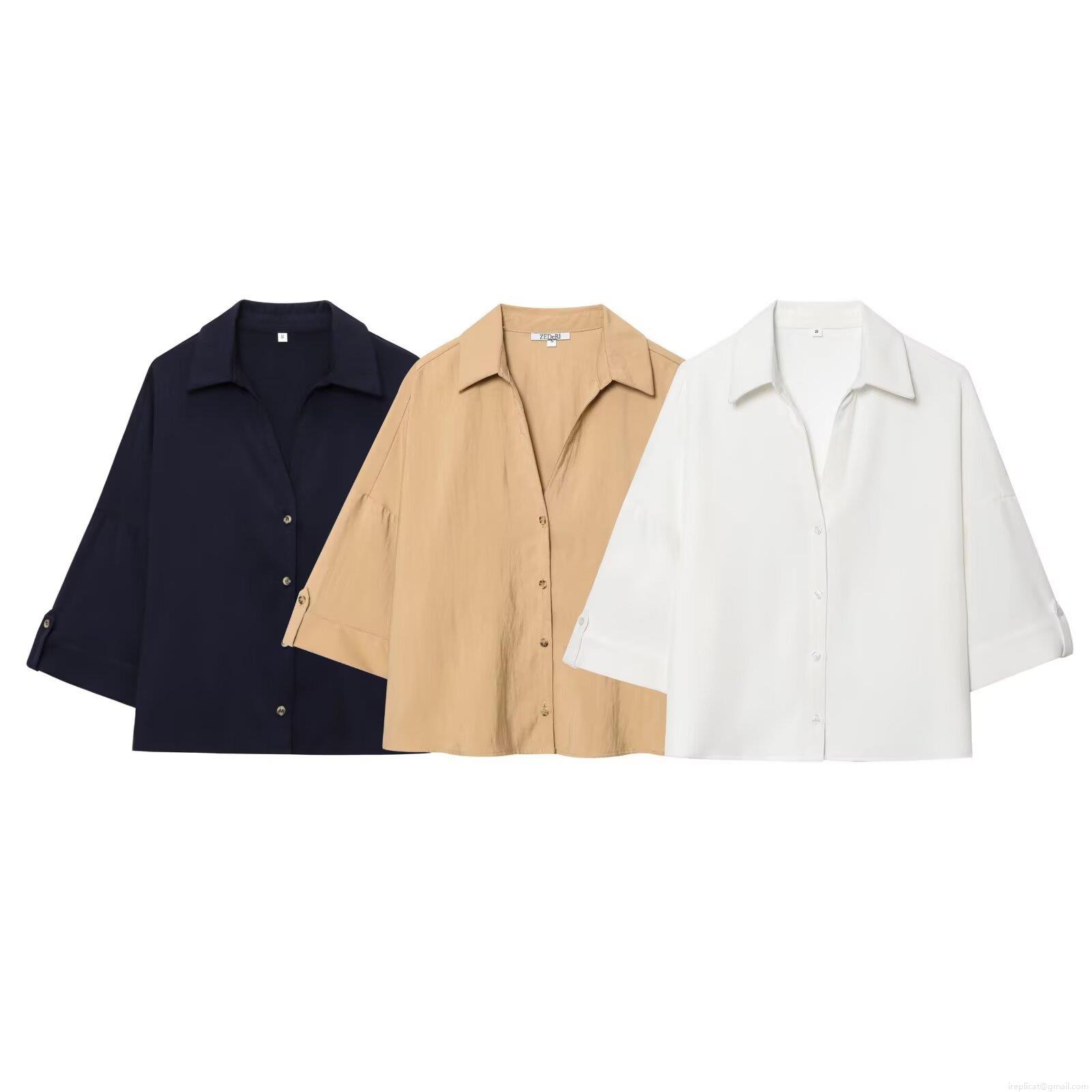 Women's Loose Casual Short Sleeve Blouse Shirt Turn-down Collar Solid Color Button Down Top Summer Fashion Streetwear Polyester Apparel Office Wear