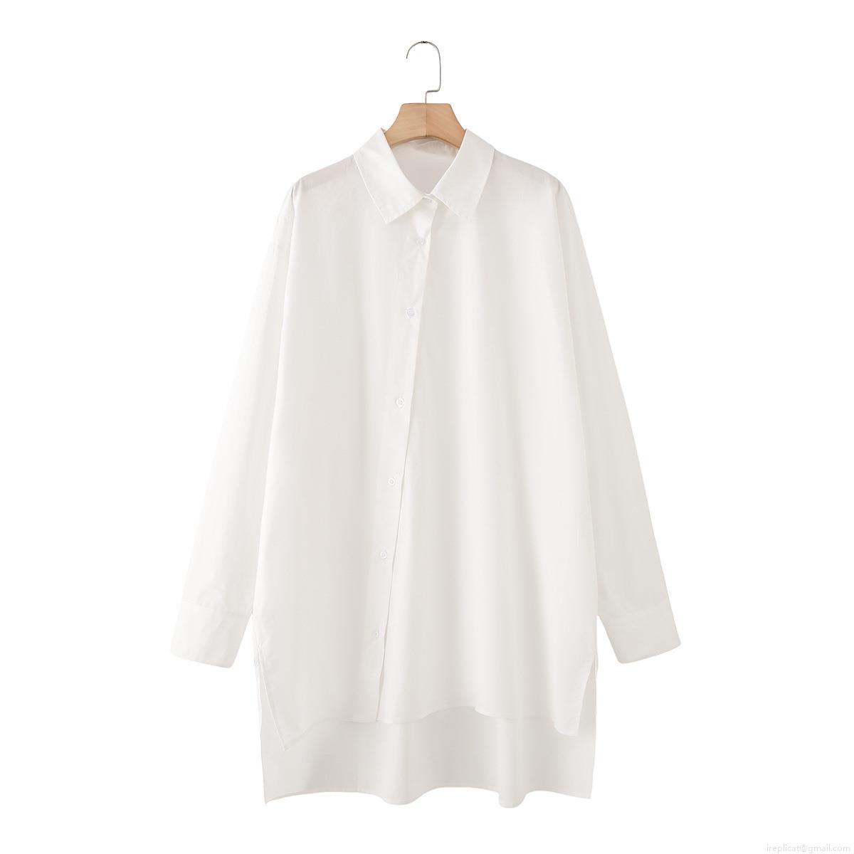 Women's 100% Cotton Long Sleeve Blouse Loose Fit Lapel Collar Button Down Shirt With Irregular Hem And Side Slit Casual Western Style Streetwear Oversized Top For Women