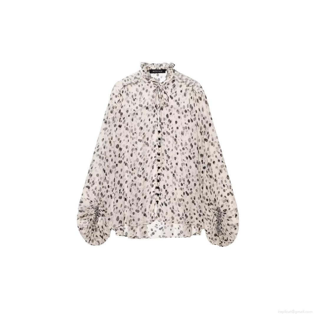 Women's Chiffon Polka Dot Blouse Ruffle Stand Collar Tie Neck Long Lantern Sleeve Shirt Loose Longline Casual Streetwear Top