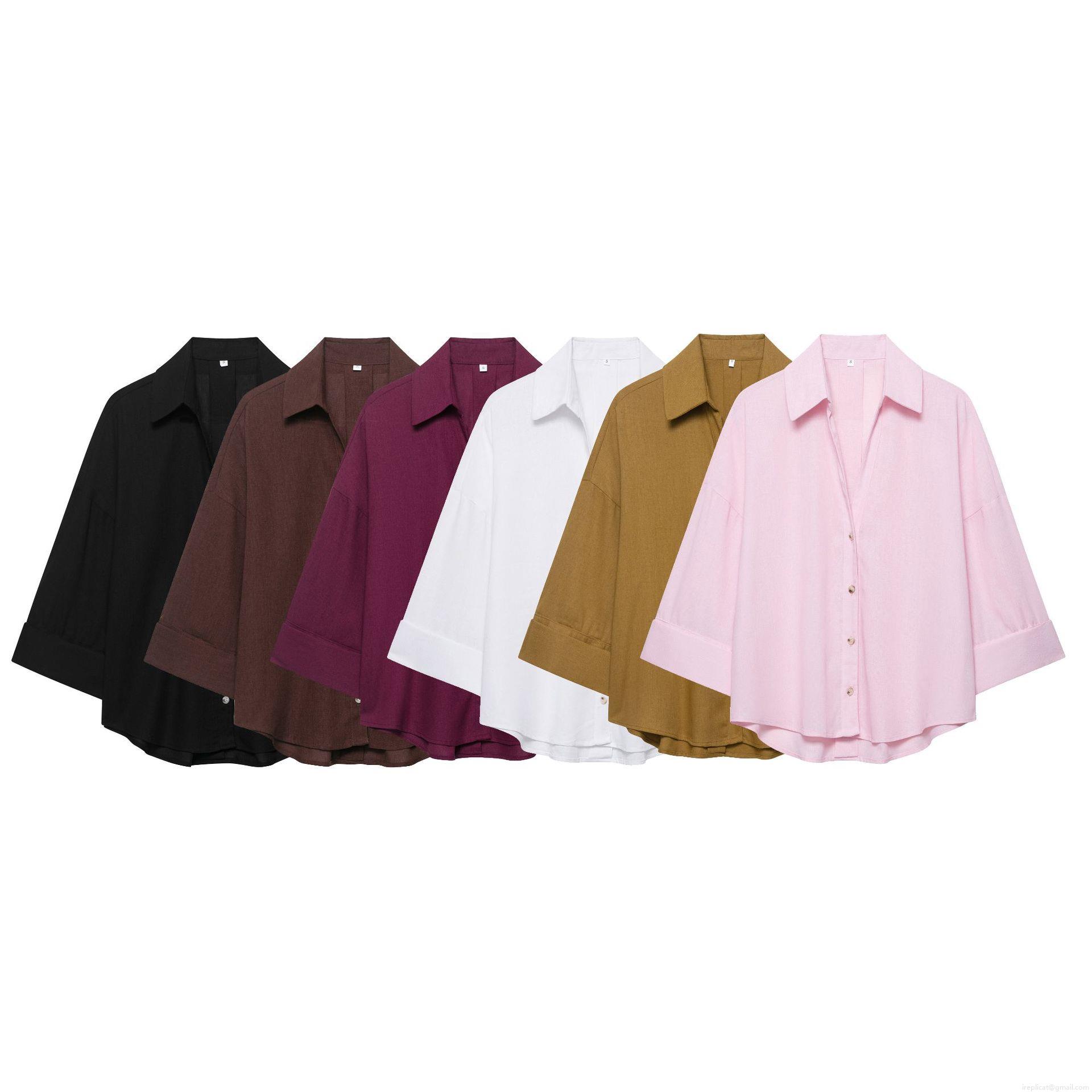 Women's Casual Loose Polyester Blouse Shirt Solid Color Turndown Collar Long Sleeve Button Up Top For Streetwear Office Ladies Fashion