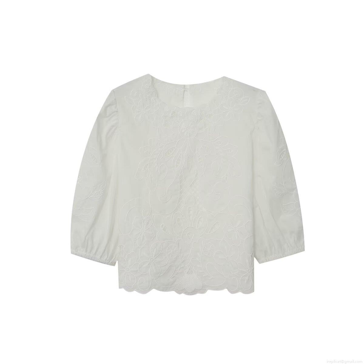 Women Elegant White Hollow Out Embroidery Blouse Lantern Sleeve Round Neck Casual Street Style Polyester Top For Summer Daily Fashion