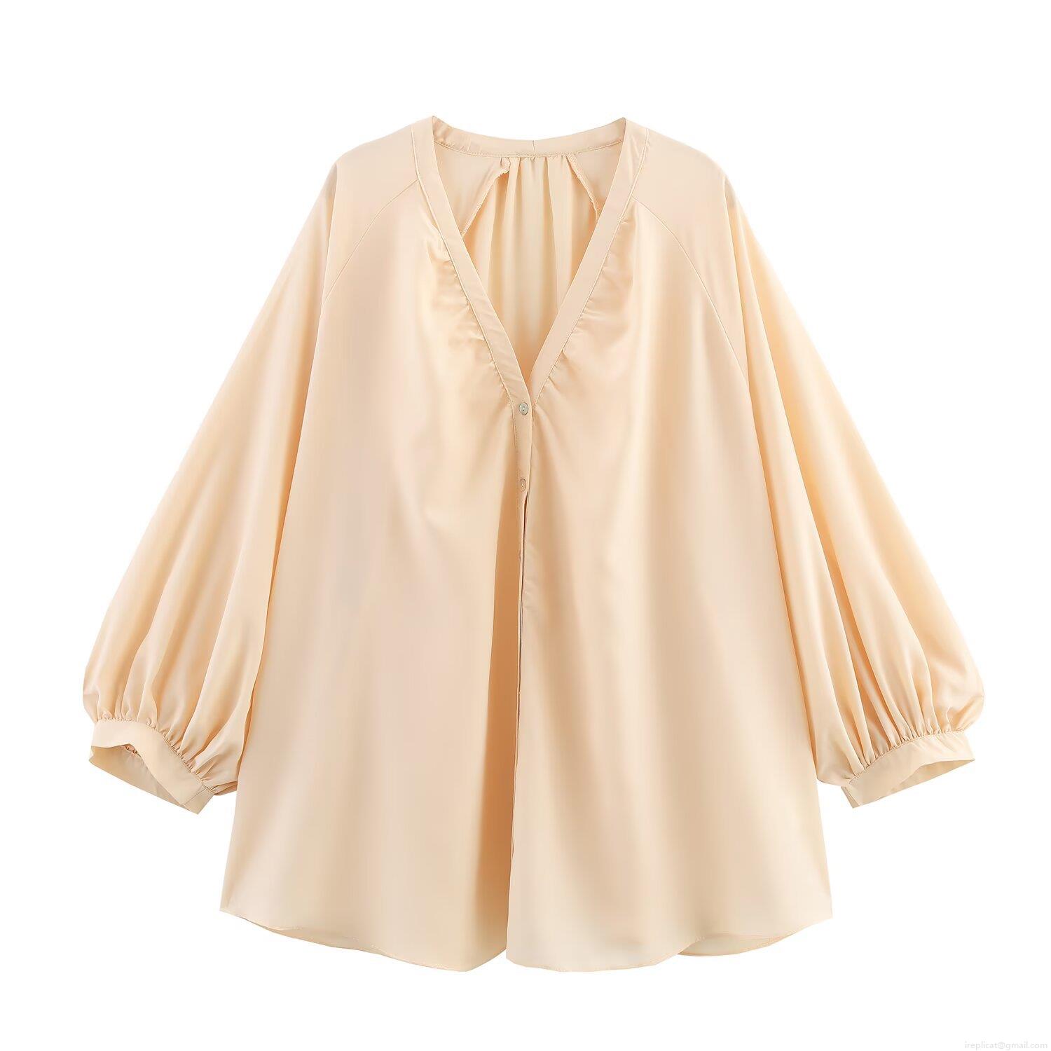 Women's Casual V Neck Lantern Sleeve Blouse Satin Texture Polyester Single Breasted Solid Color Loose Fit Shirt Summer Autumn Long Sleeve Top