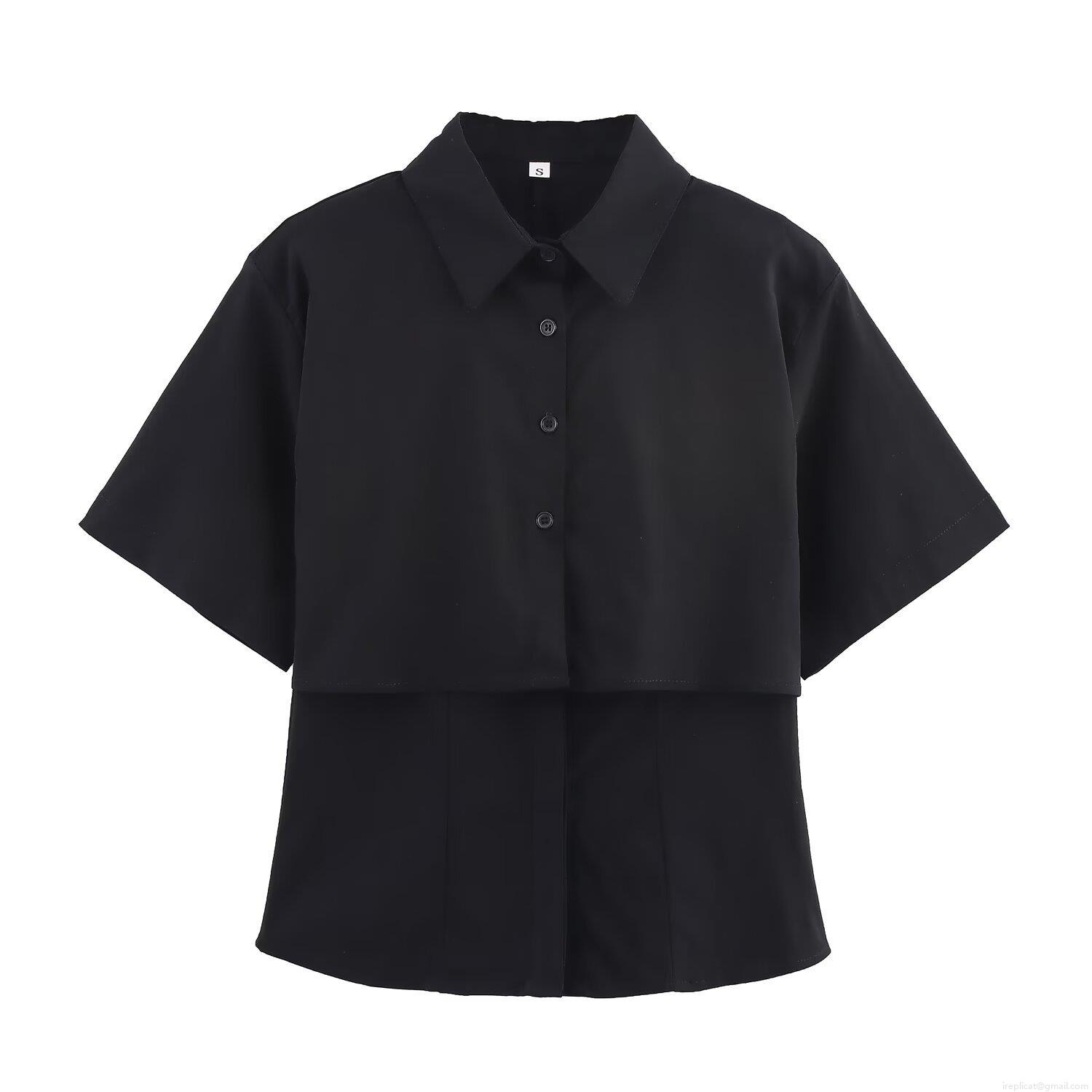 Women European Style Lapel Short Sleeve Black Shirt Double Layer Design Patchwork Streetwear Casual Blouse Top Summer 2025