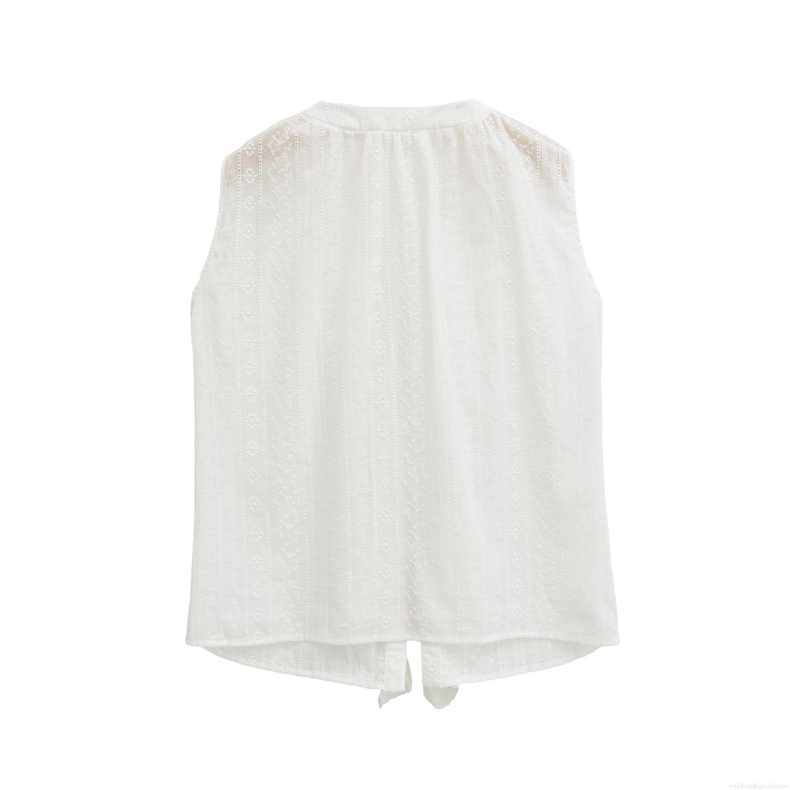 Women's White Sleeveless V-Neck Embroidery Lace Shirt Elegant Hollow Out Ruffle Tie Front Cotton Blouse Streetwear Casual Summer Top For Women