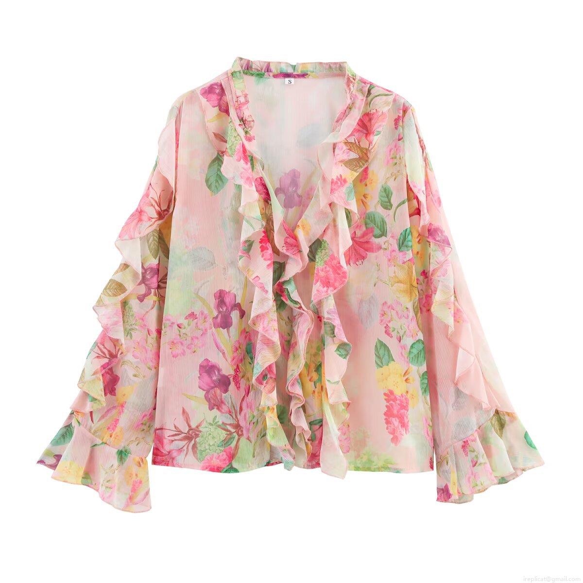 Women Floral Chiffon Blouse V Neck Ruffle Long Trumpet Sleeve Printed Pullover Shirt Casual Bohemian Summer Beach Holiday Lightweight Top Streetwear Ladies